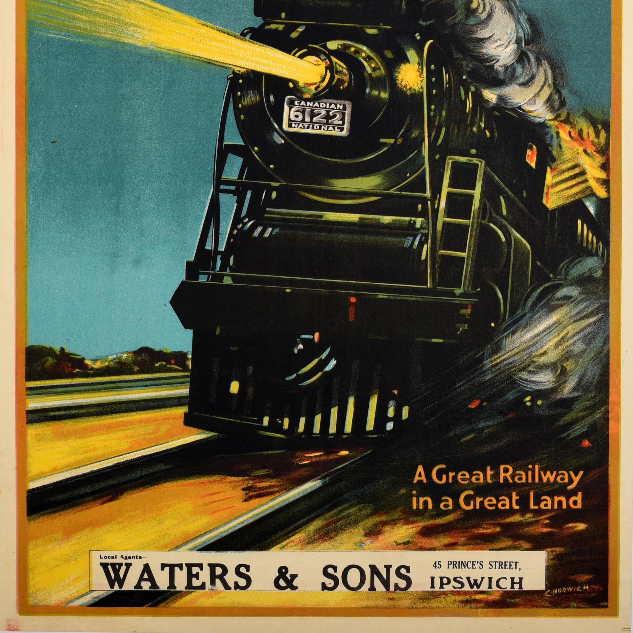 Original antique train travel advertising poster - Canadian National Railways A great railway in a great land - featuring a Canadian National 6122 steam locomotive train running at speed along the rail tracks at night with its lights shining out in