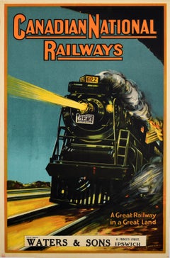 Affiche originale et ancienne de voyage en train, Canadian National Railways Steam Locomotive