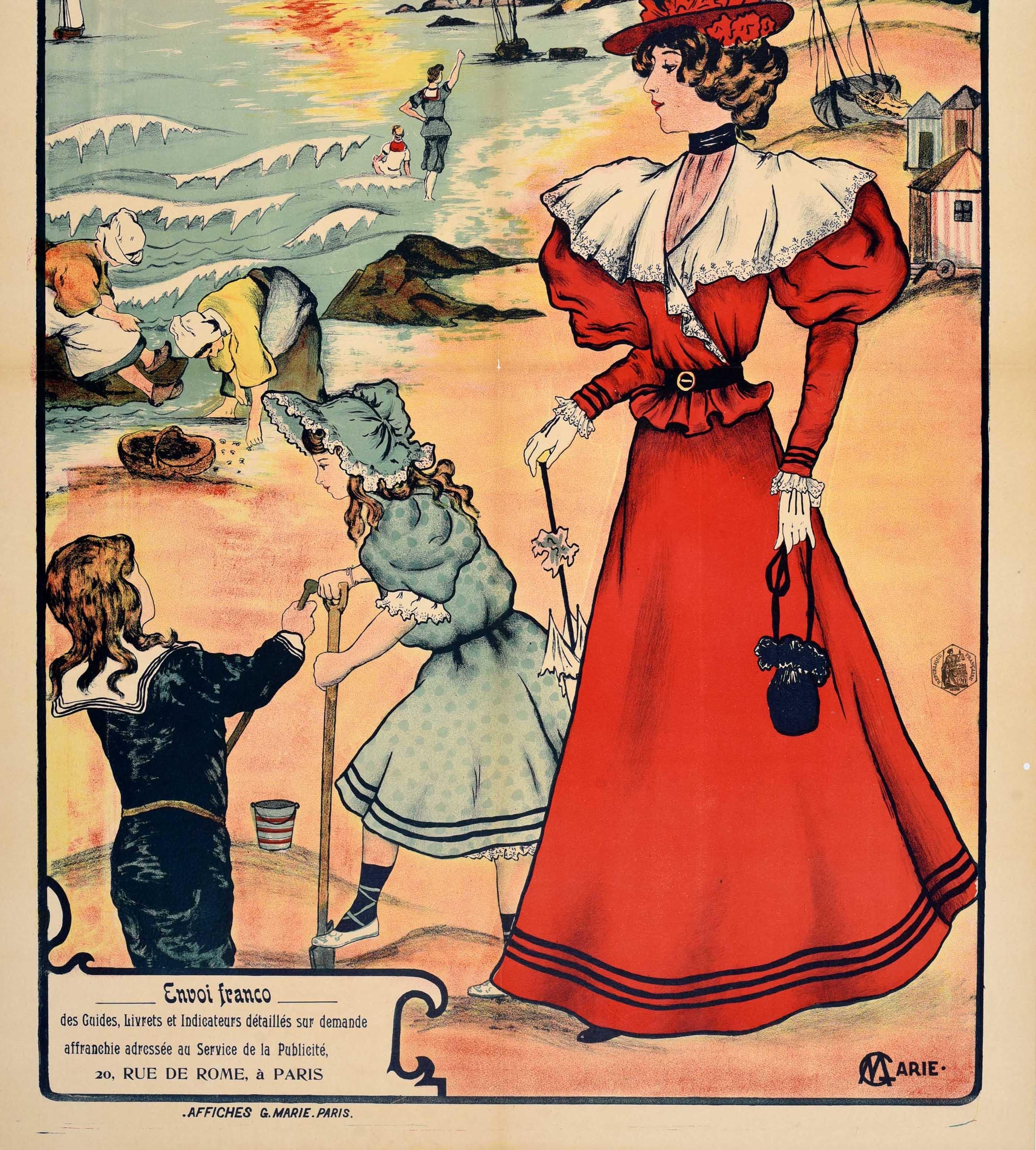 Original antique train travel poster for Normandy and Brittany by Western Railway - Normandie & Bretagne par Chemin de Fer de l'Ouest - featuring a great Art Nouveau design depicting striped beach huts and people on a sandy beach including a lady in