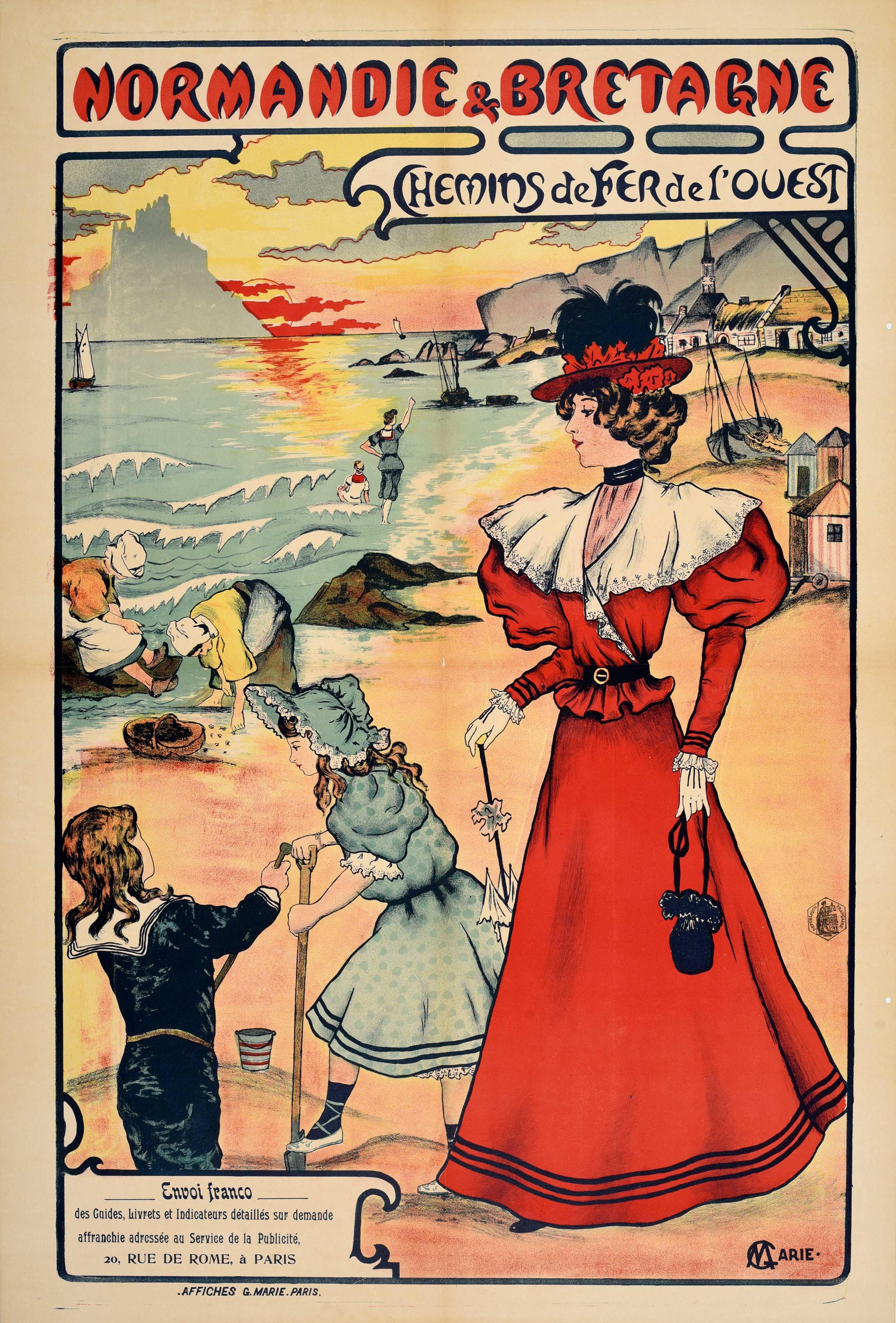 Affiche originale de voyage en train, Normandie, Bretagne, France occidentale des chemins de fer