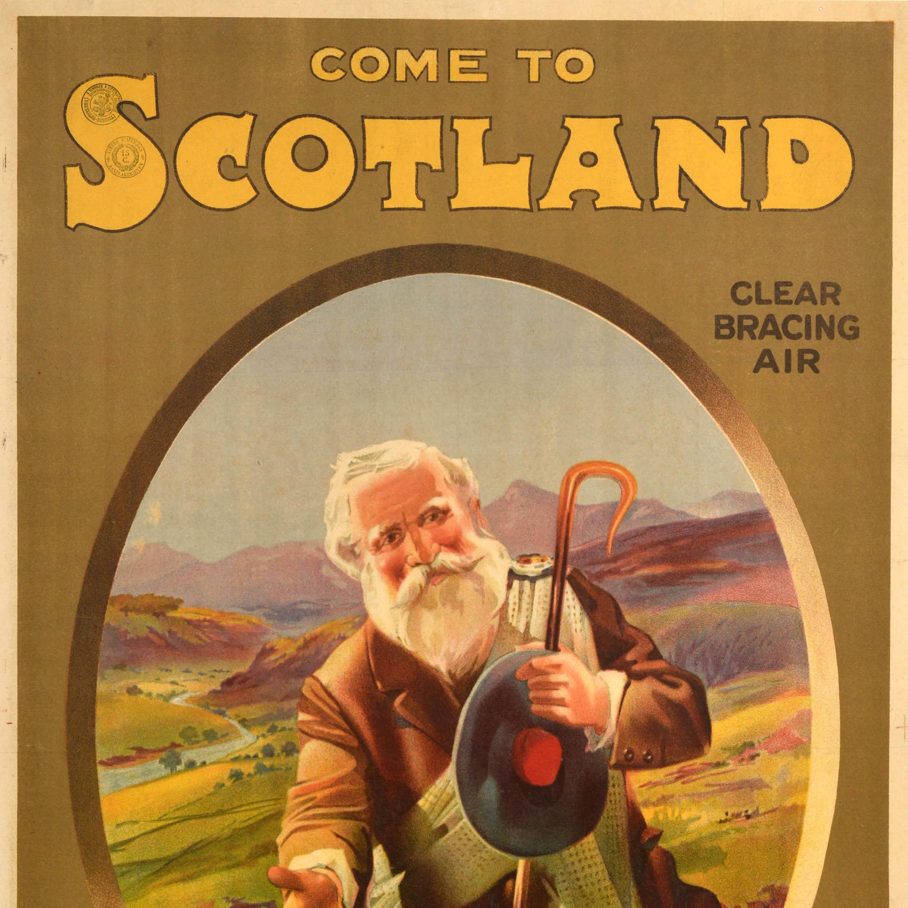 Original antique train travel poster - Come To Scotland For Your Holidays By The West Coast Route London & North Western & Caledonian Railways - featuring an illustration of a bearded gentleman holding his hat and a walking stick in one hand and