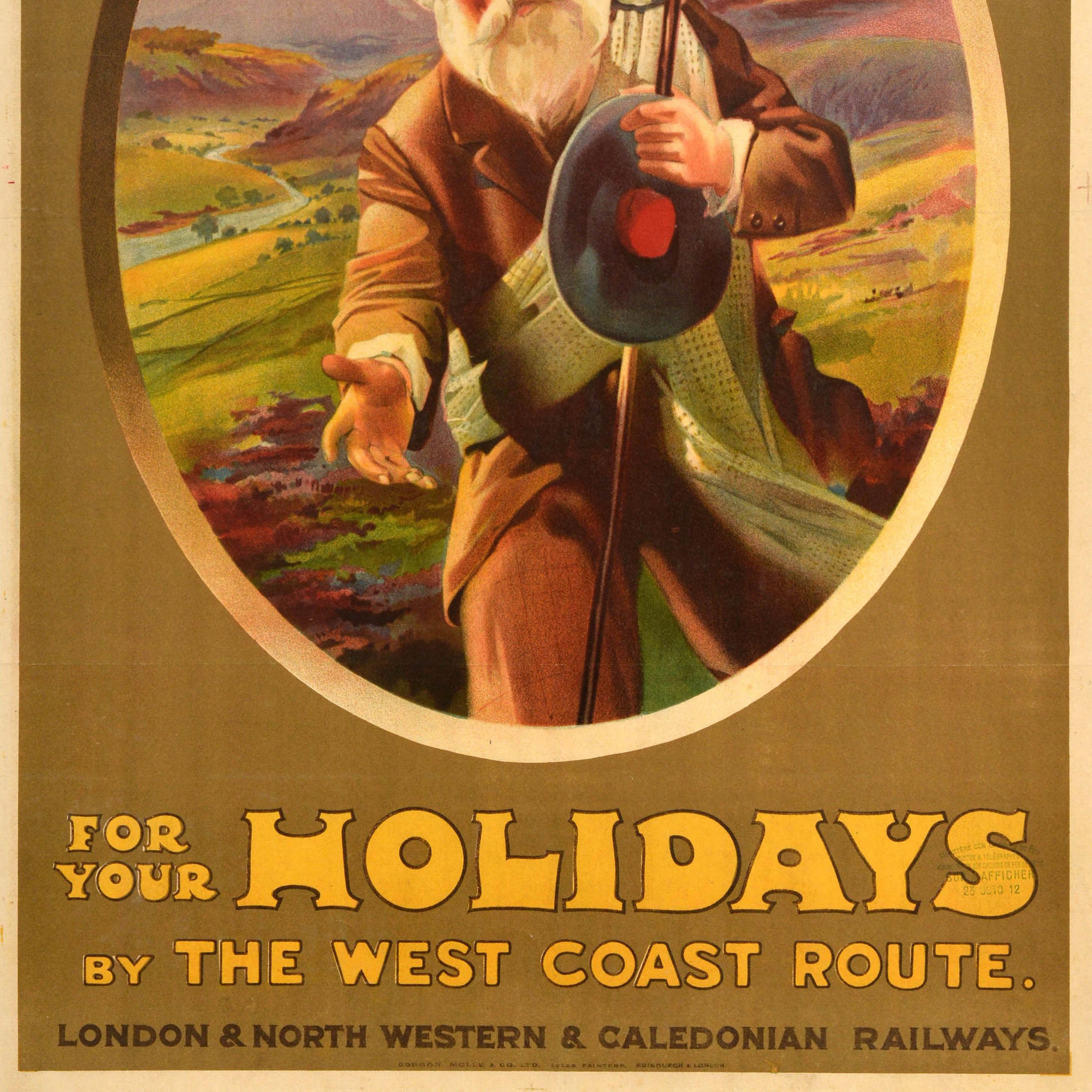 Original Antique Train Travel Poster Scotland Holidays LNWR Caledonian Railway For Sale 1