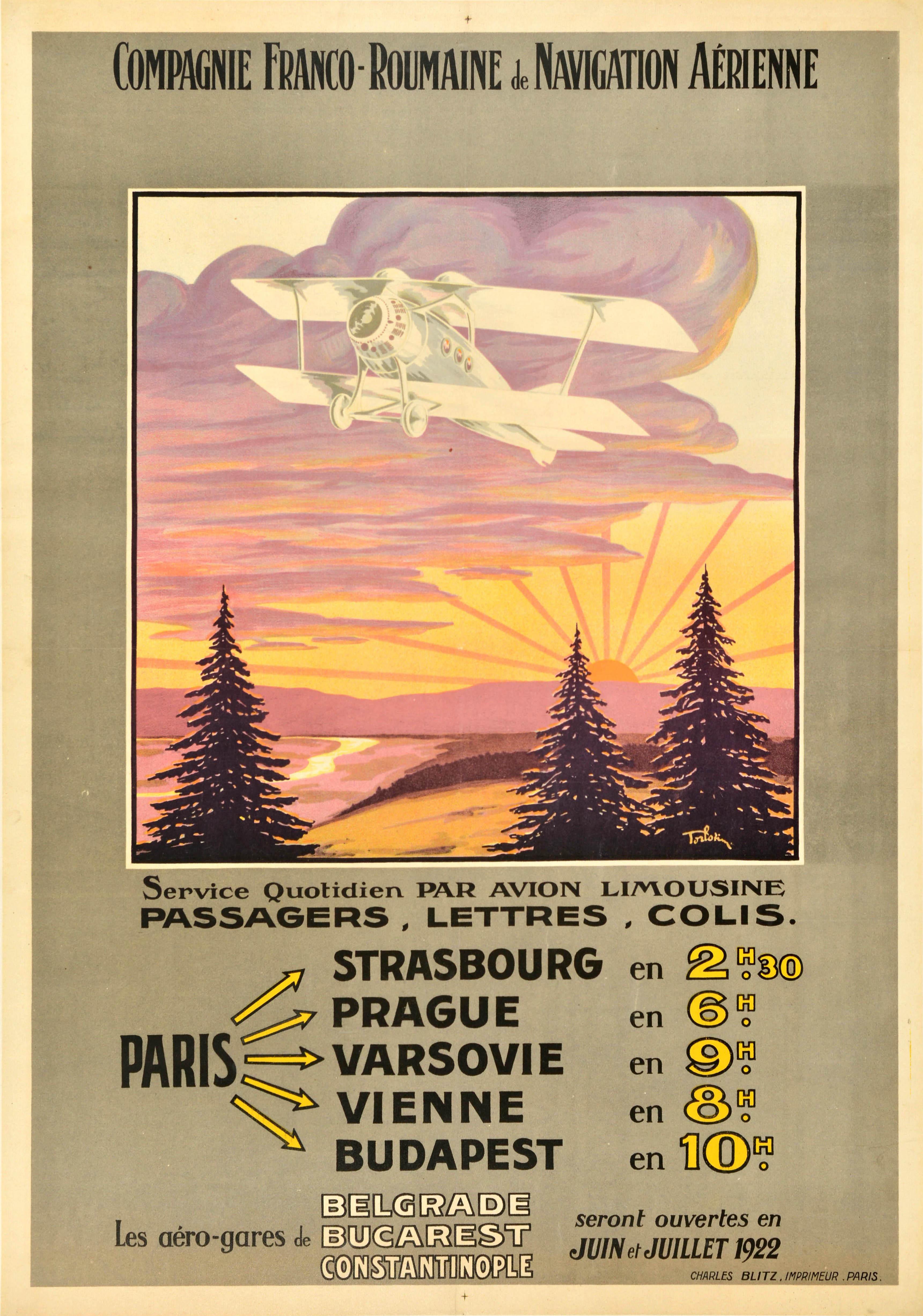 Unknown Print – Original Antikes Reiseplakat Compagnie Franco Roumaine De Navigation Aerienne, Compagnie Franco Roumaine