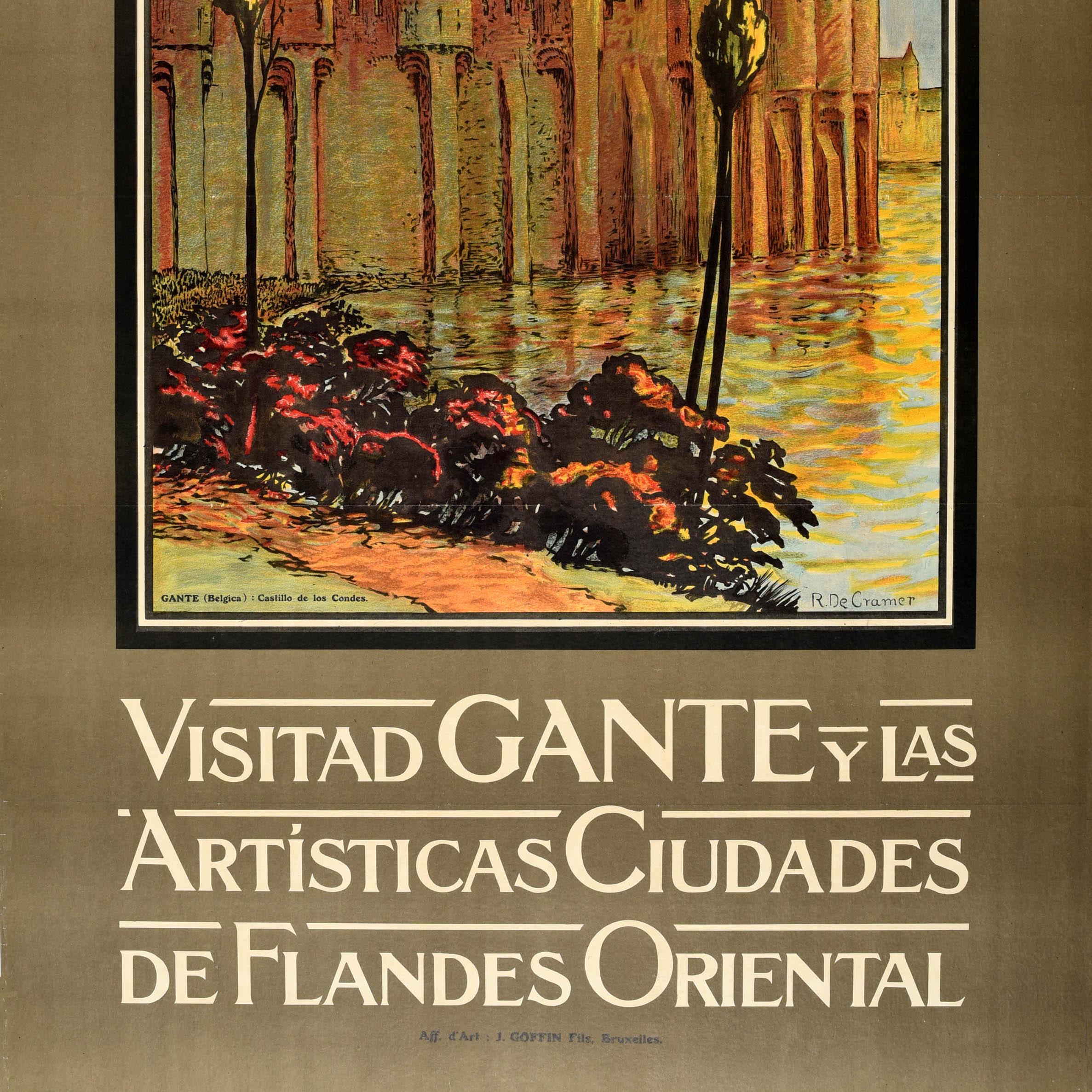 Original antique railway travel poster - Visitad Gante Y Las Artisticas Ciudades De Flandes Oriental / Visit Ghent And The Artistic Cities Of East Flanders - featuring scenic artwork by the Belgian painter and engraver Rene De Cramer (1876-1951) of