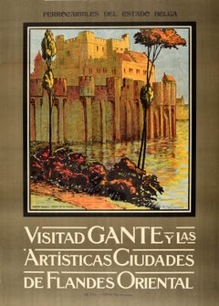 Affiche de voyage originale et ancienne Ghent East Flanders, Belgique, Dessin des chemins de fer