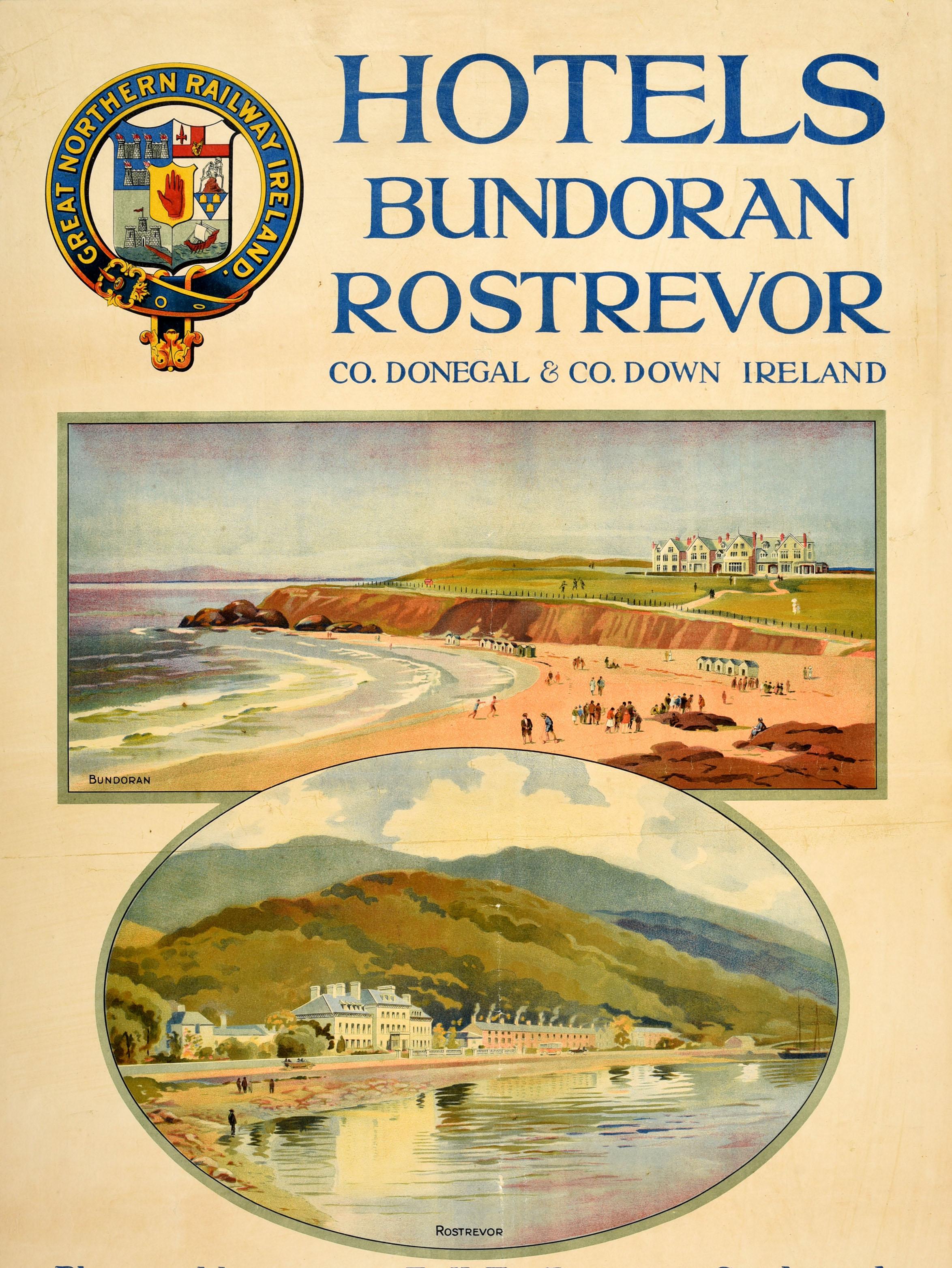 Original antique northern Ireland travel poster - Hotels Bundoran Rostrevor County Donegal & County Down Ireland - features two picturesque views depicting holiday makers enjoying the sandy beach at the seaside with beach huts and walks along the