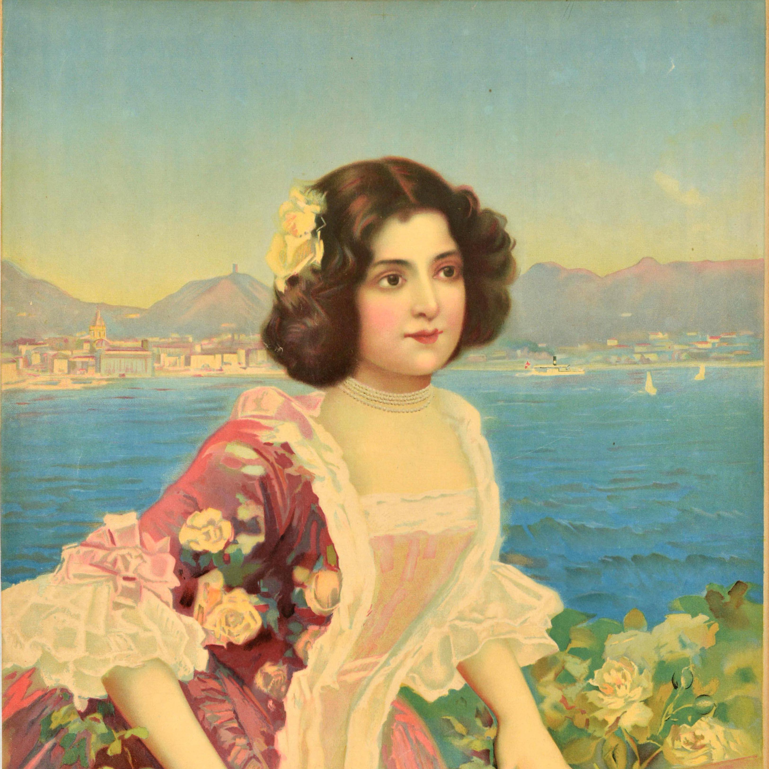 Original Antique Travel Poster Lago Di Como Lake Lariana Italy Belle Epoque - Brown Print by Unknown