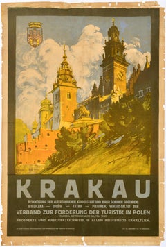 Original Antique Travel Poster Poland Krakow Krakau Ancient Royal Town Polska