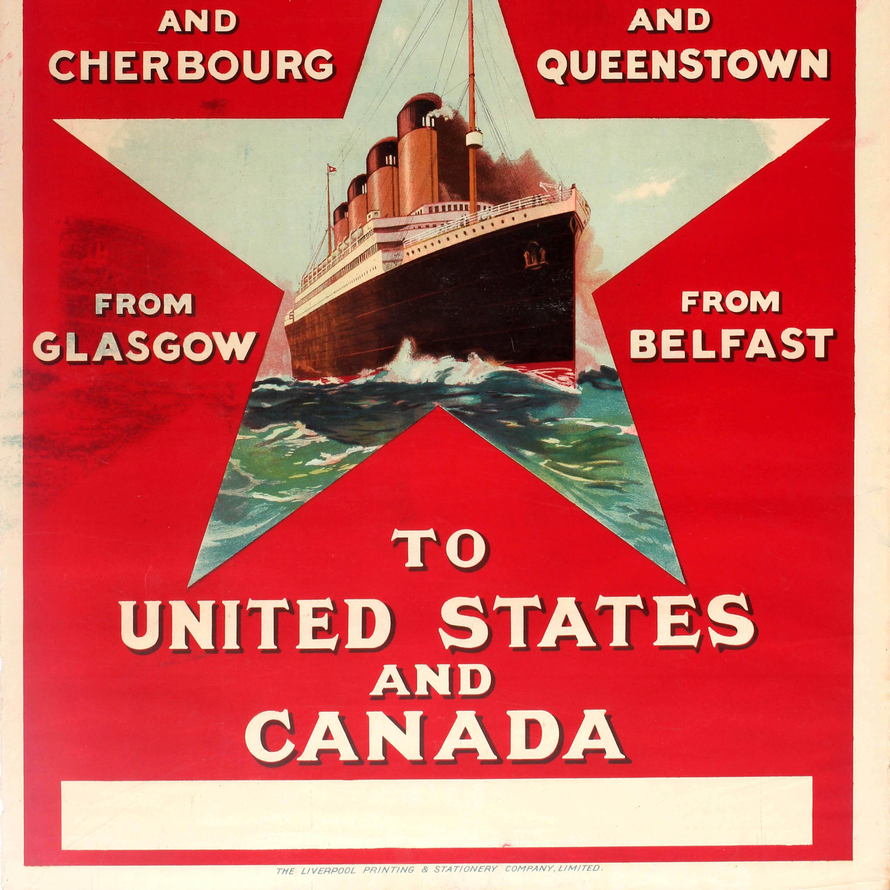 Original antique travel advertising poster for White Star Line From Southampton and Cherbourg From Liverpool and Queenstown From Glasgow From Belfast To United States and Canada featuring a great image of a four funnel RMS Olympic White Star Line