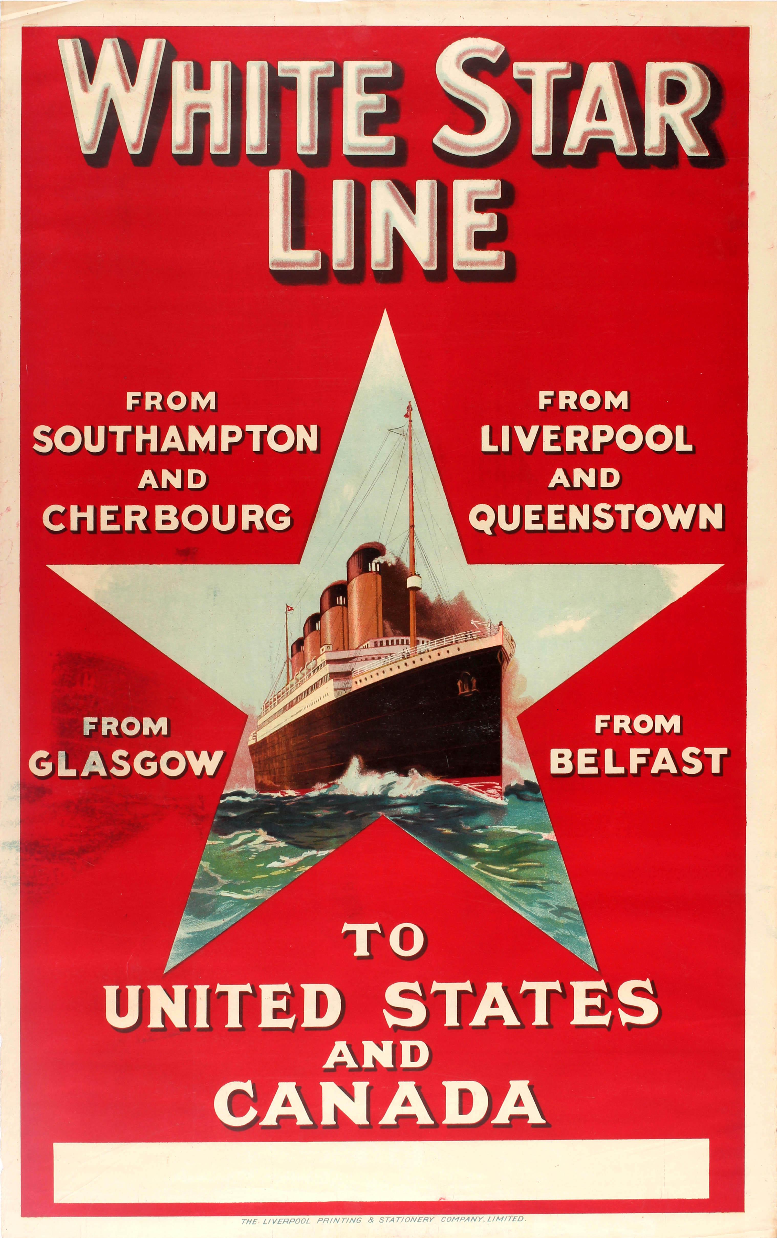 Unknown Print – Original Antikes Original-Reiseplakat White Star Line, Vereinigte Staaten, Kanada, RMS, Olympische Spiele