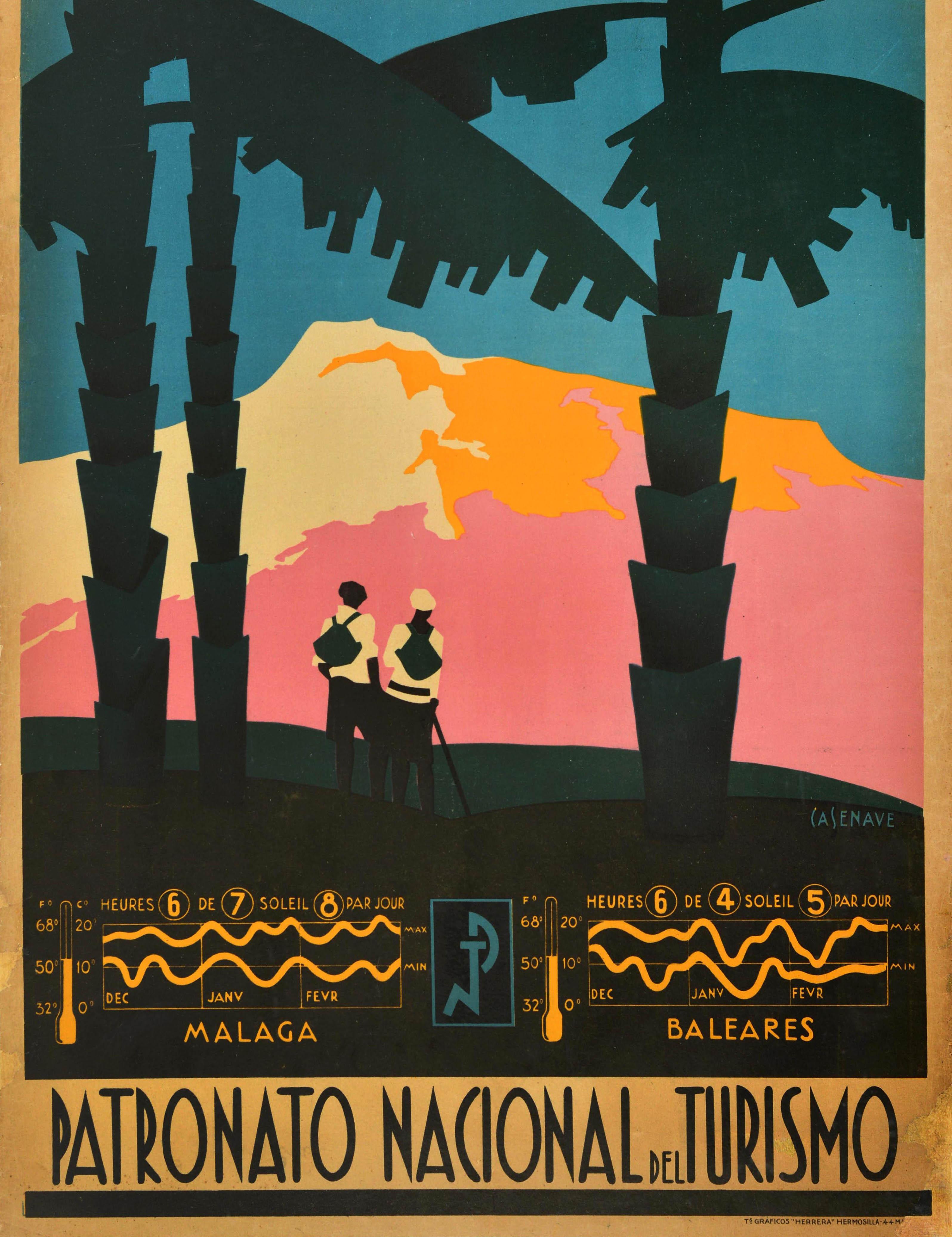 Original antique travel poster - L'hiver en Espagne / Winter in Spain - featuring a stunning Art Deco design depicting two people wearing backpacks, one holding a walking stick, standing on a hill under palm trees and enjoying the scenic view