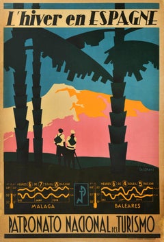 Affiche de voyage originale et ancienne d'hiver en Espagne, Malaga et îles balnéaires, Art déco