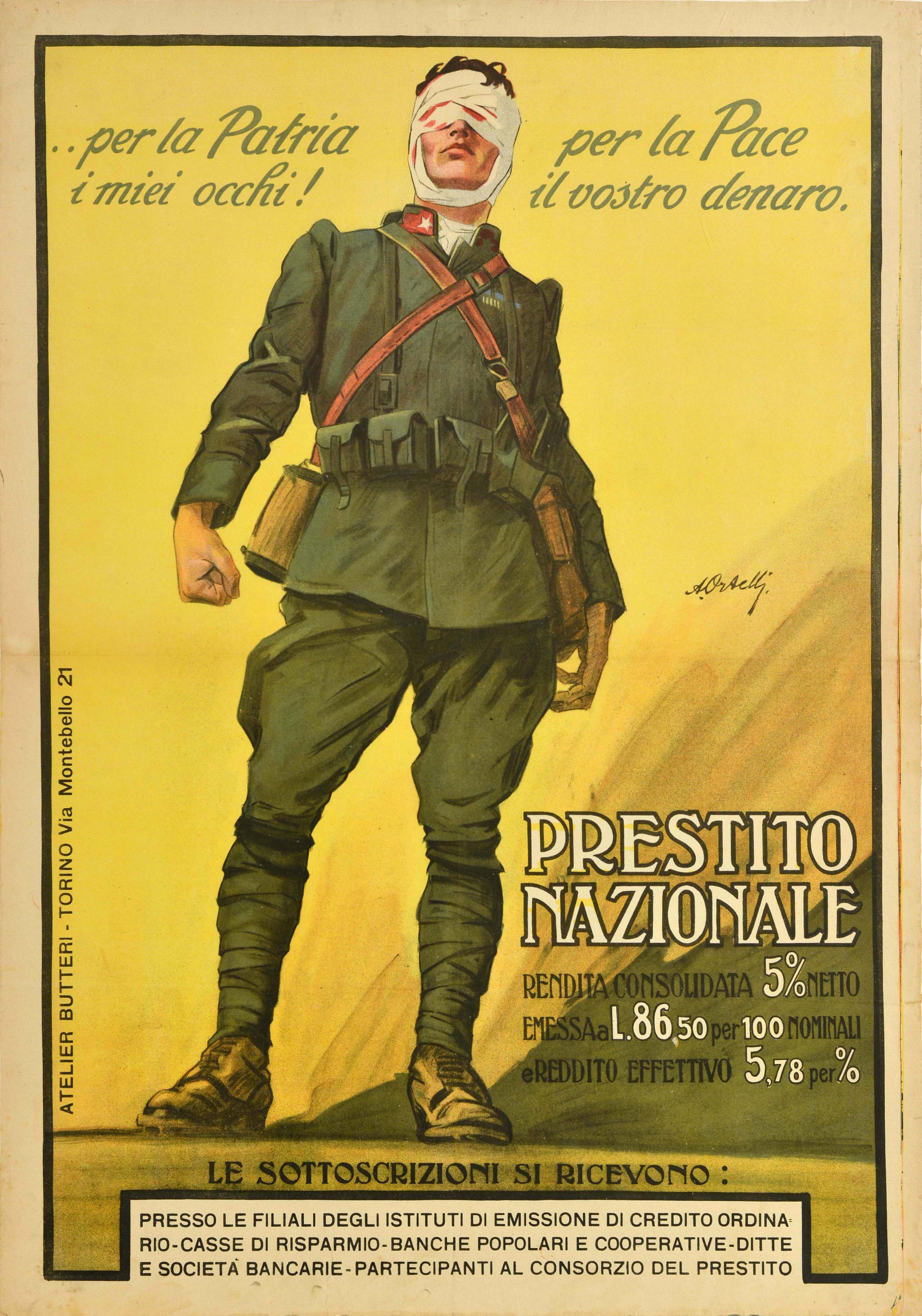 Unknown Print – Original Antikes Kriegs Bond-Poster, National Loan, WWI, Prestito Nazionale, Italien, Spitze