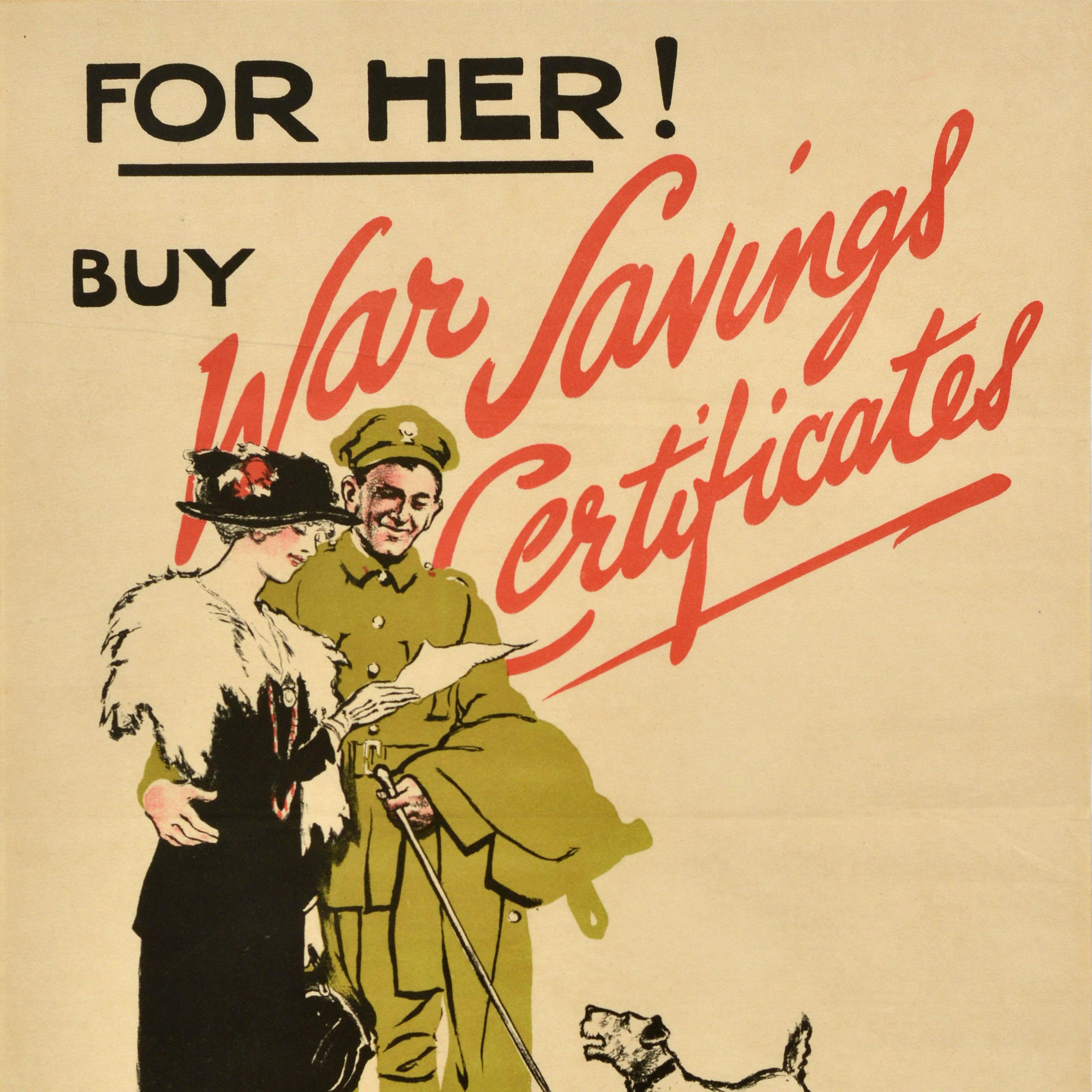 Original antique World War One war bonds poster - For her! Buy War Savings Certificates £1 for 15'6 in 5 years You can get your money back any time - featuring an illustration of an elegant lady in a fashionable long black dress with flowers on her