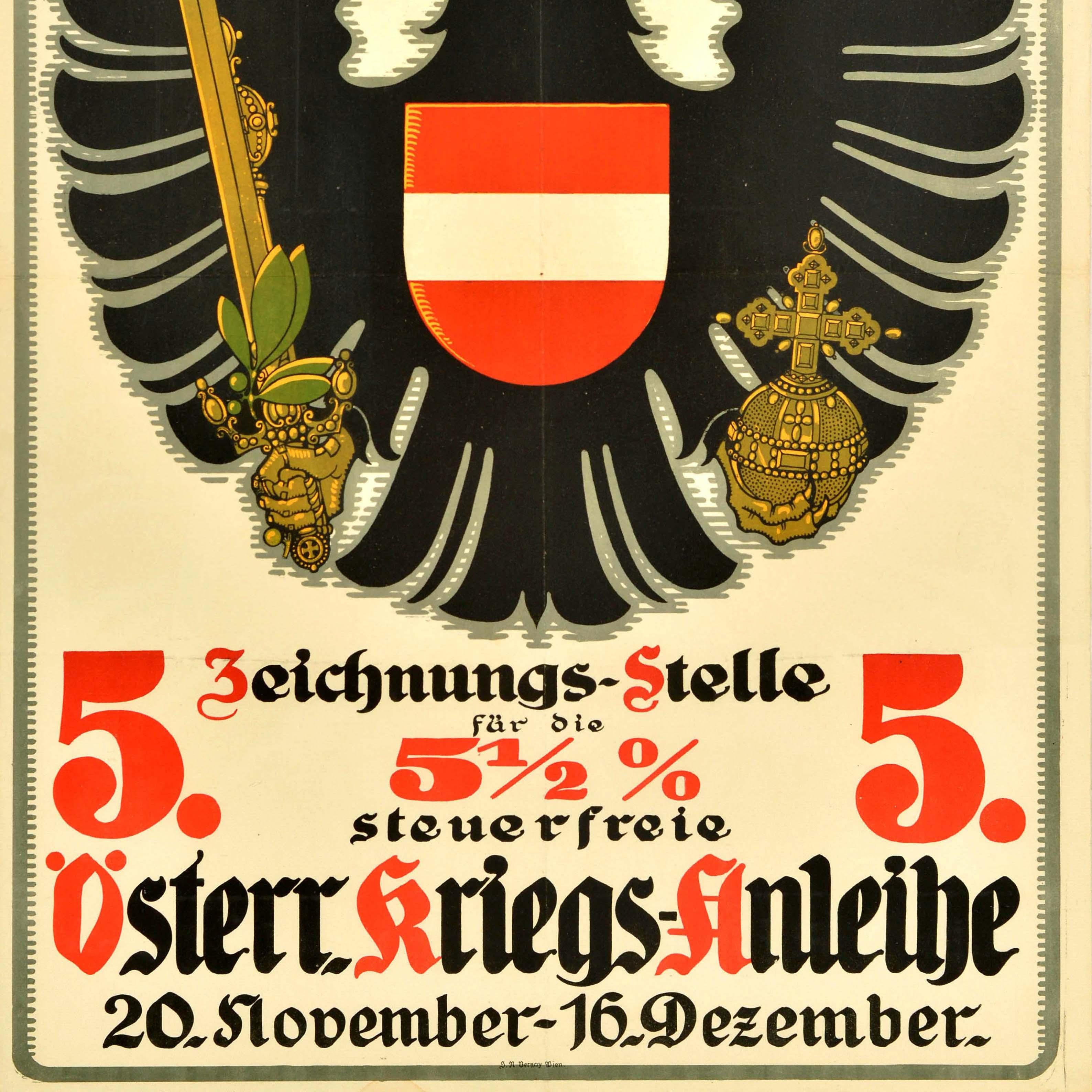 Originales antikes Kriegsanleiheplakat des Ersten Weltkriegs für die 5. Österreichische Kriegsanleihe mit einem dekorativen österreichischen Wappensymbol, bestehend aus einem gekrönten doppelköpfigen Adler, der ein Schwert und einen Reichsapfel