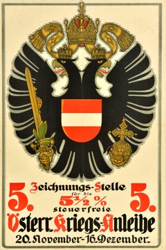 Original Antique War Loan Poster 5 Austrian War Bond Coat Of Arms WWI Shield