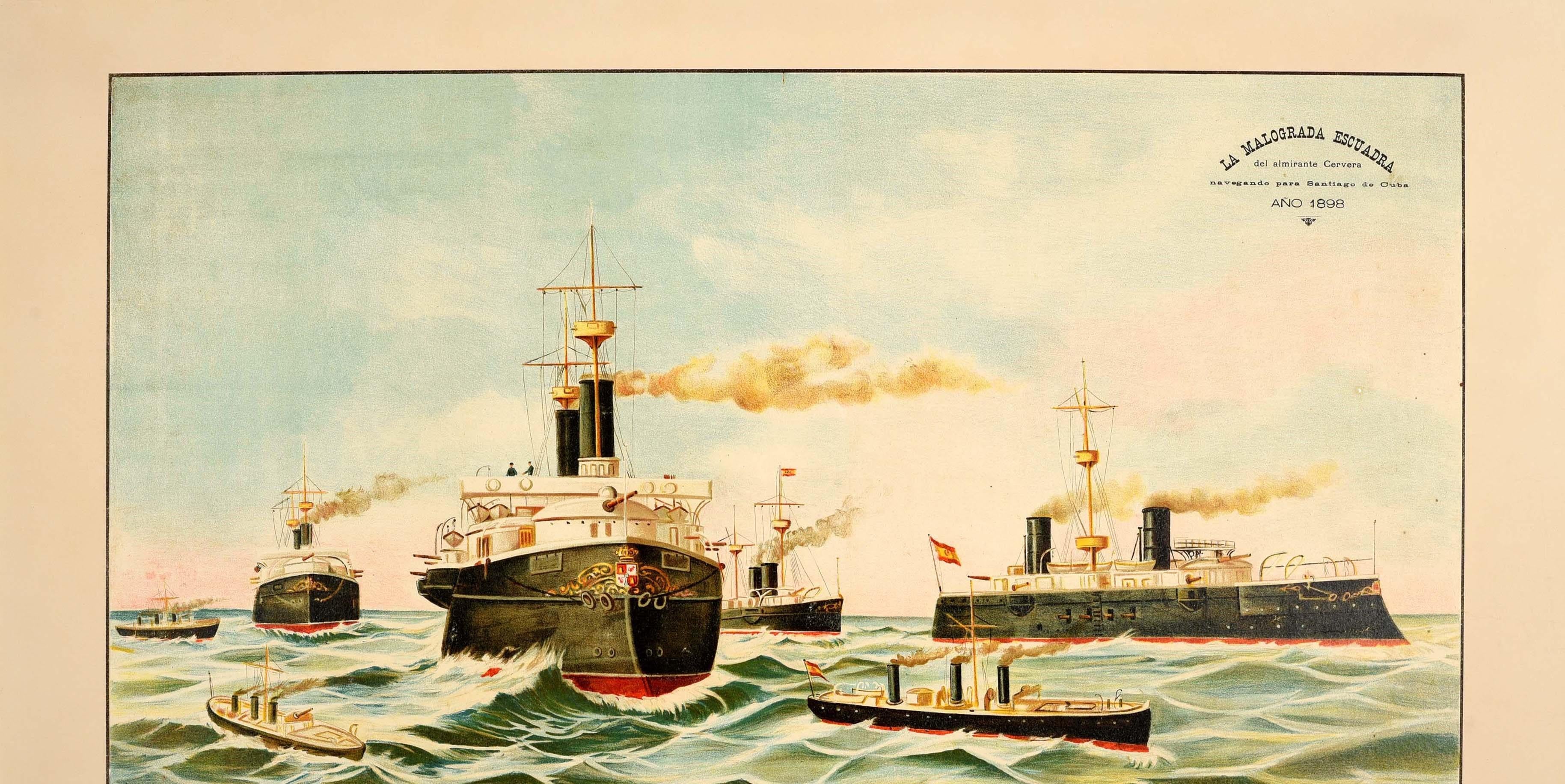 Original Antique War Poster Admiral Cervera Navy Squadron Santiago De Cuba 1898 - Print by Unknown