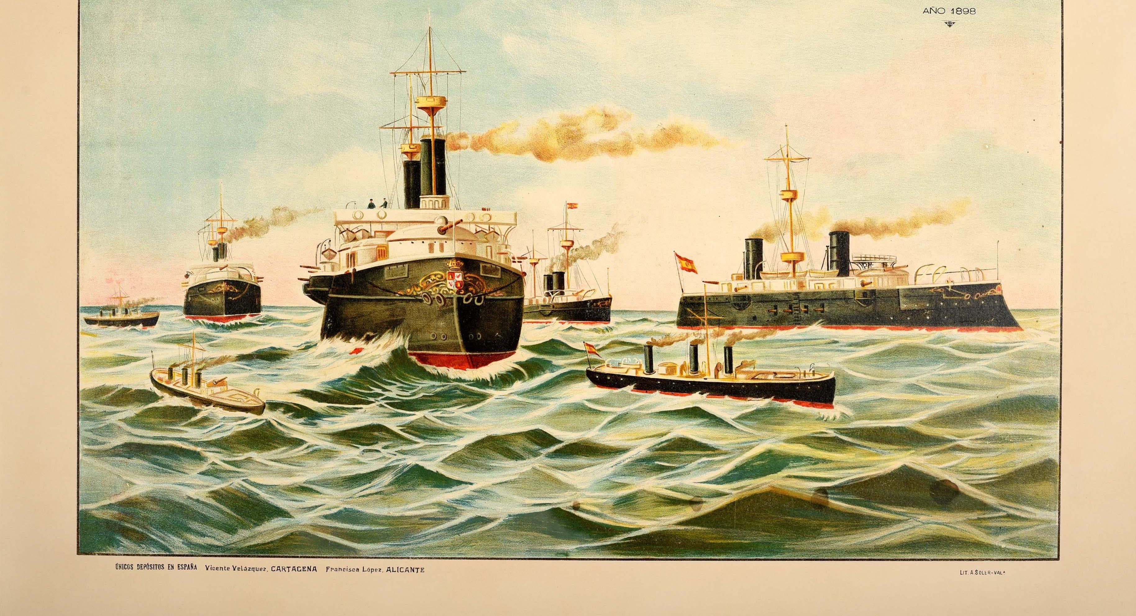 Original Antique War Poster Admiral Cervera Navy Squadron Santiago De Cuba 1898 - Beige Print by Unknown