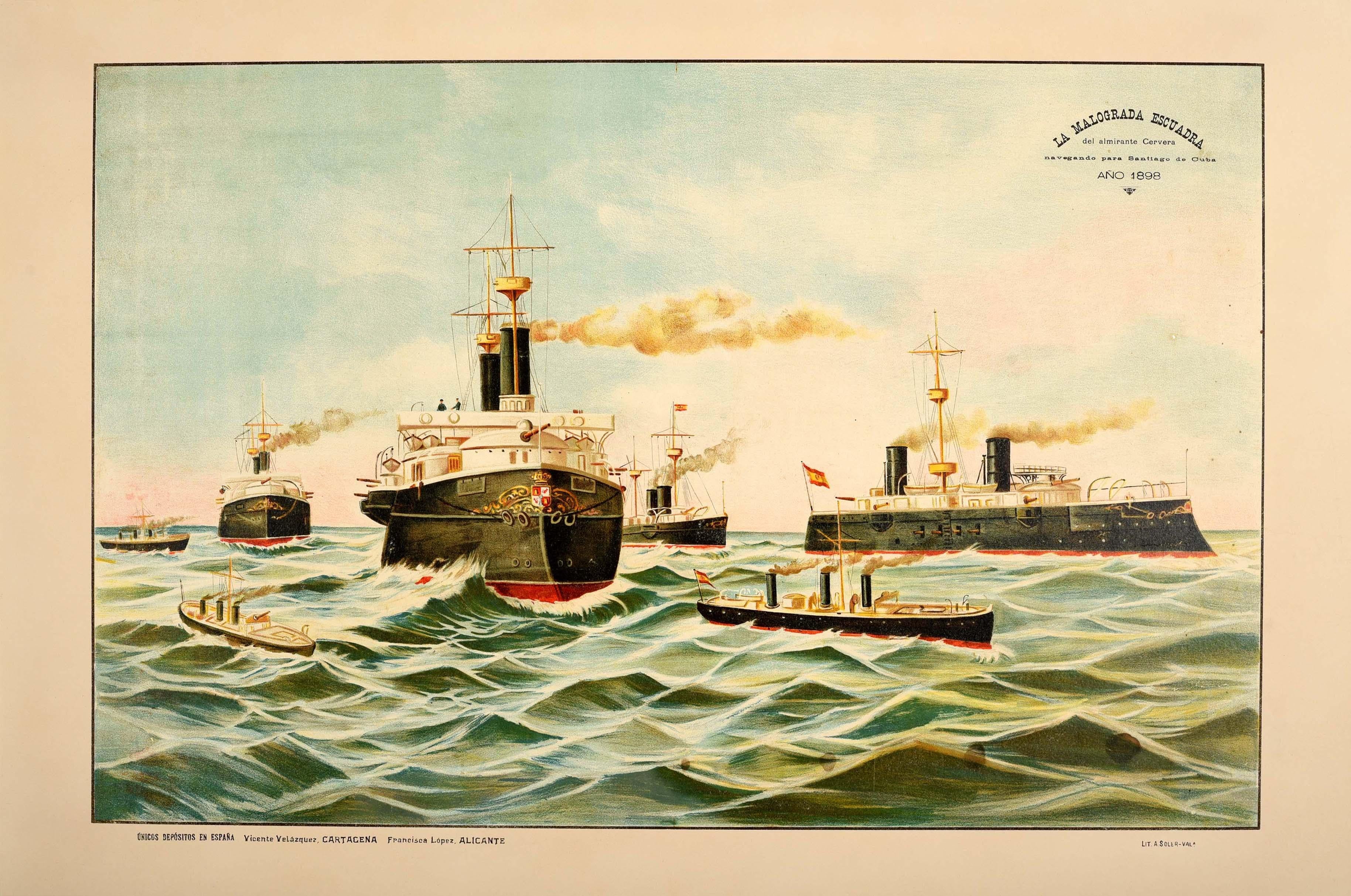 Unknown Print - Original Antique War Poster Admiral Cervera Navy Squadron Santiago De Cuba 1898