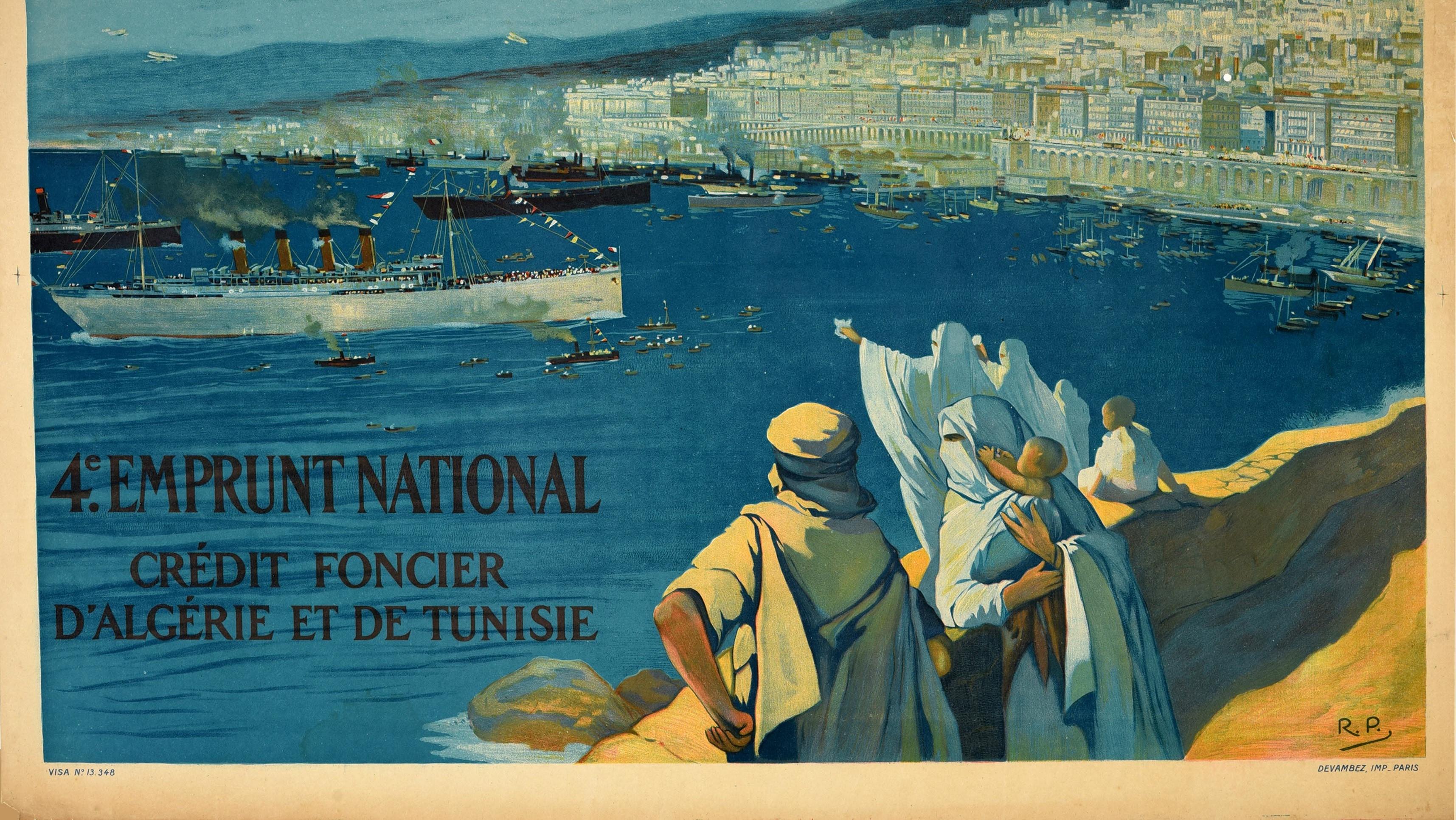 Antikes Original-Kriegsplakat Emprunt National Loan WWI Algerien Tunisia Troop Schiff (Blau), Print, von Unknown