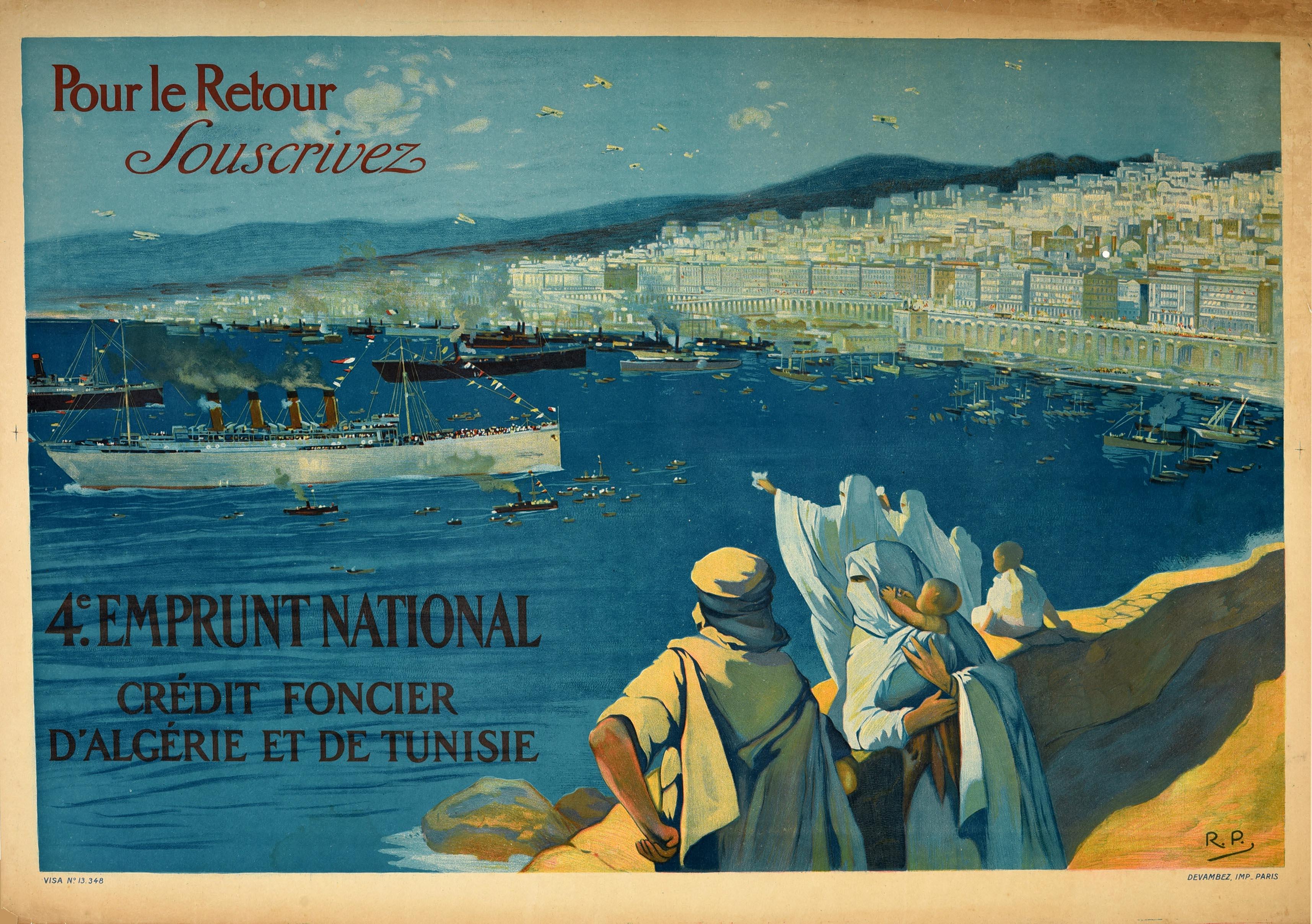 Unknown Print - Original Antique War Poster Emprunt National Loan WWI Algeria Tunisia Troop Ship