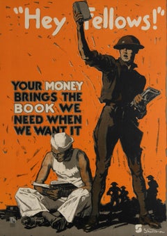 Original Antique War Poster Hey Fellows Books American Library Association WWI