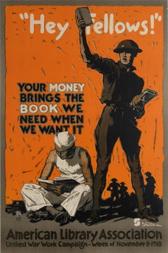 Original Antique War Poster Hey Fellows Books American Library Association WWI