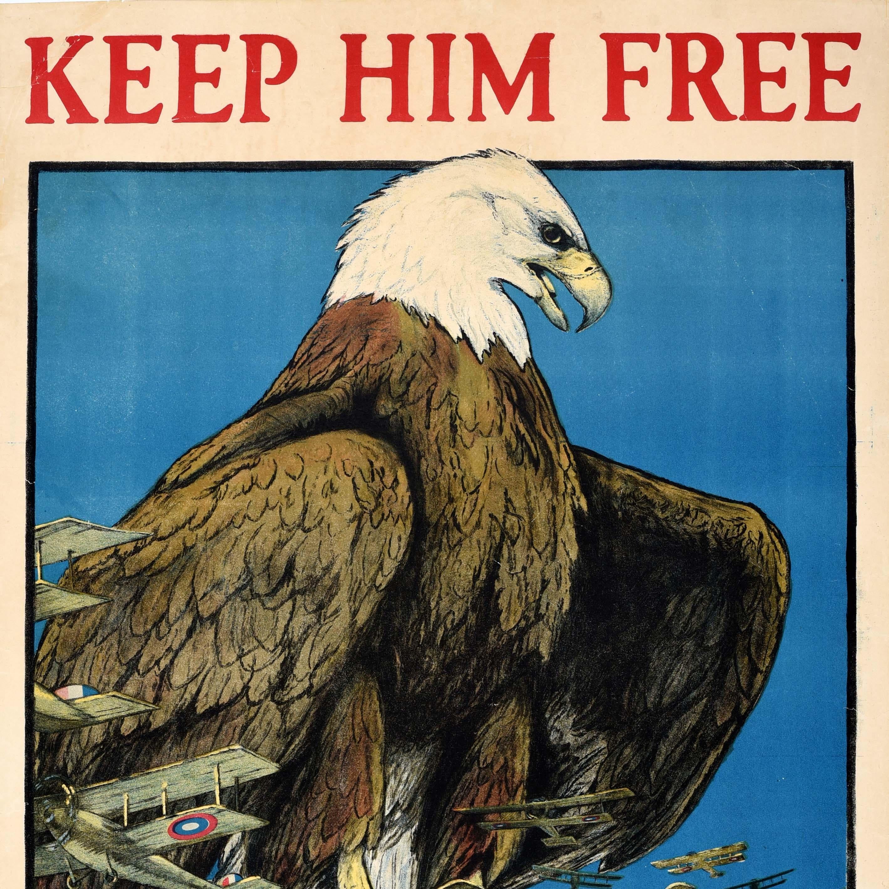 Original Antikes Kriegsplakat „ Keep Him Free“, WWI, USA Air Force, Kriegssparschweine, Briefmarken, Original (Schwarz), Print, von Unknown