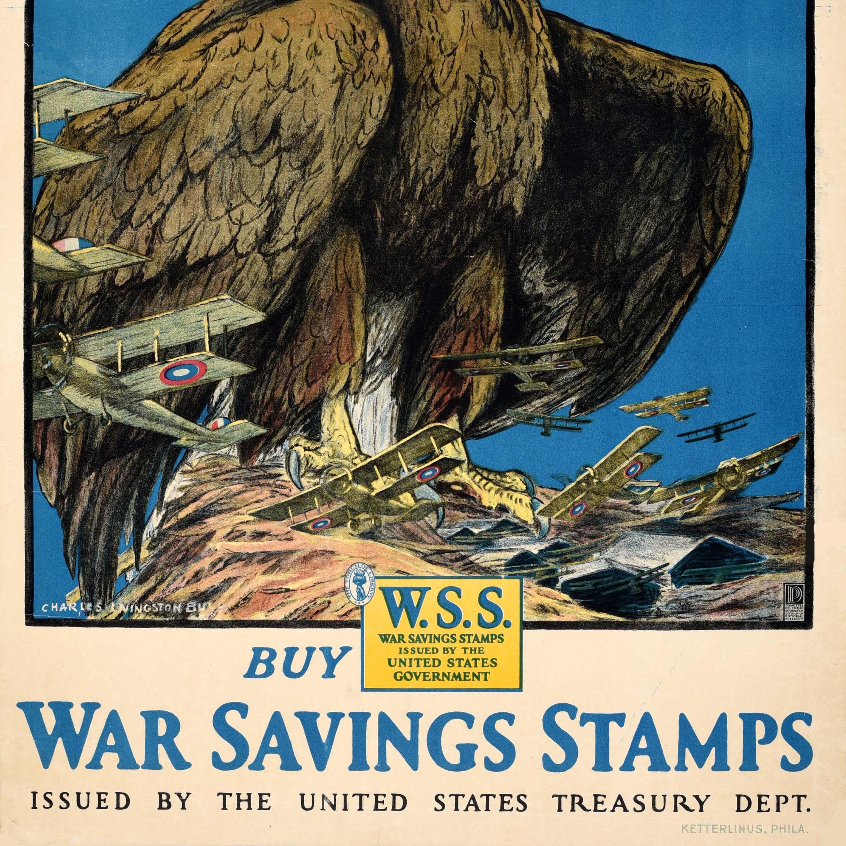 Original antique World War One poster in support of the Home Front War Effort - Keep Him Free Buy War Savings Stamps issued by the United States Treasury Dept - featuring dynamic artwork by the American artist known for his wildlife illustrations