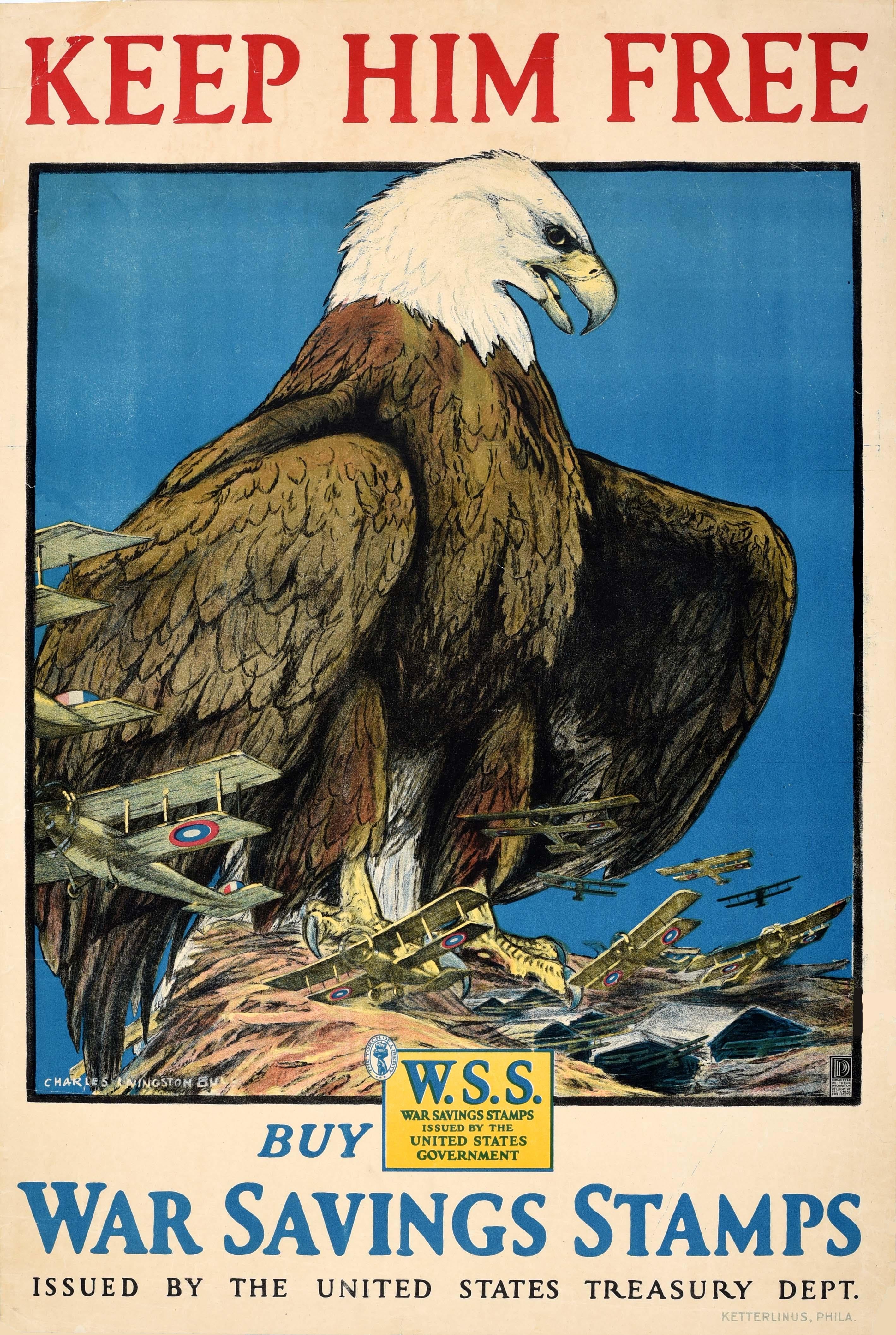 Unknown Print – Original Antikes Kriegsplakat „ Keep Him Free“, WWI, USA Air Force, Kriegssparschweine, Briefmarken, Original