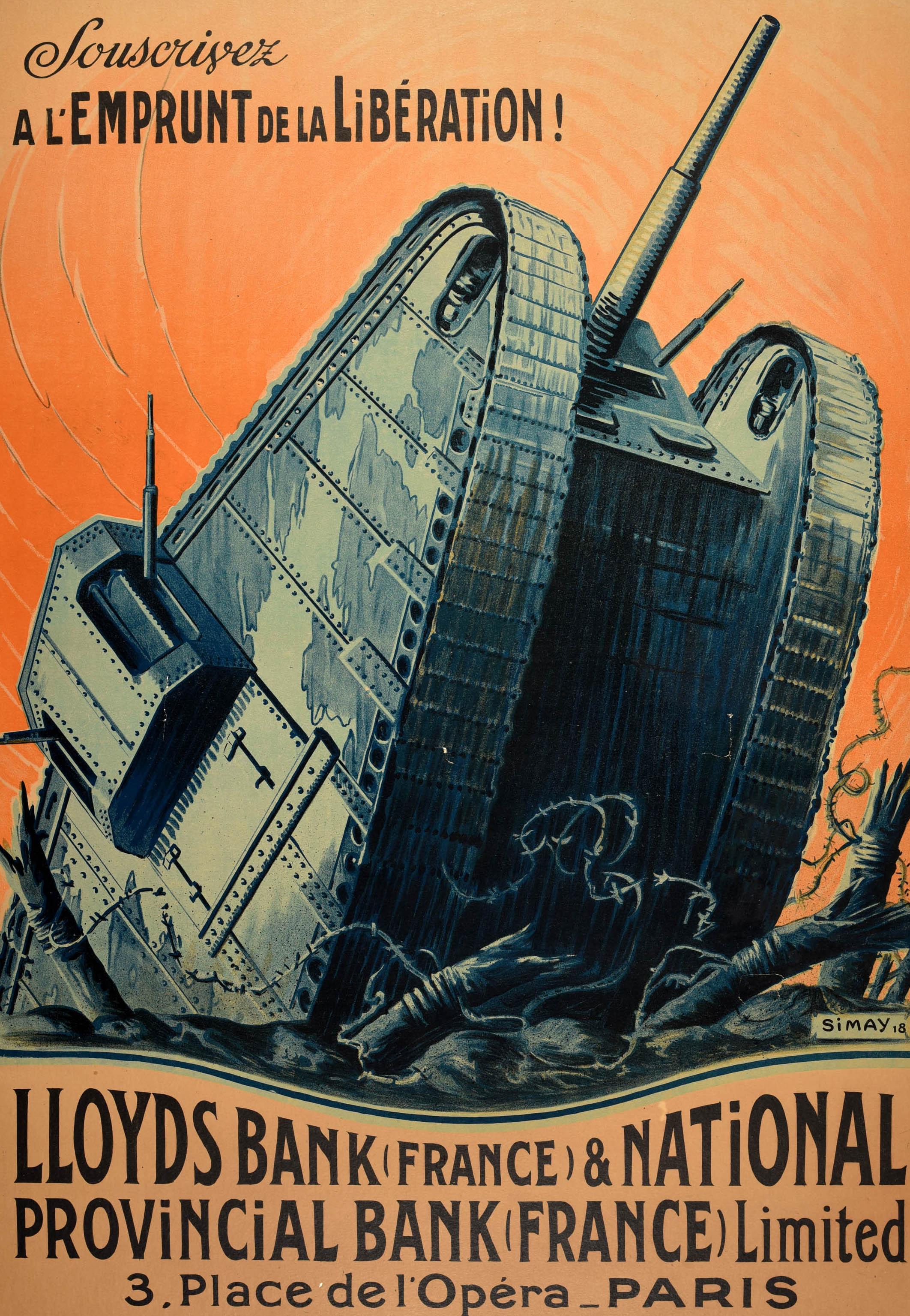 Original Antikes Kriegsplakat Lloyds Bank Frankreich Liberation Loan WWI Tank Emprunt, WWI, Original – Print von Unknown