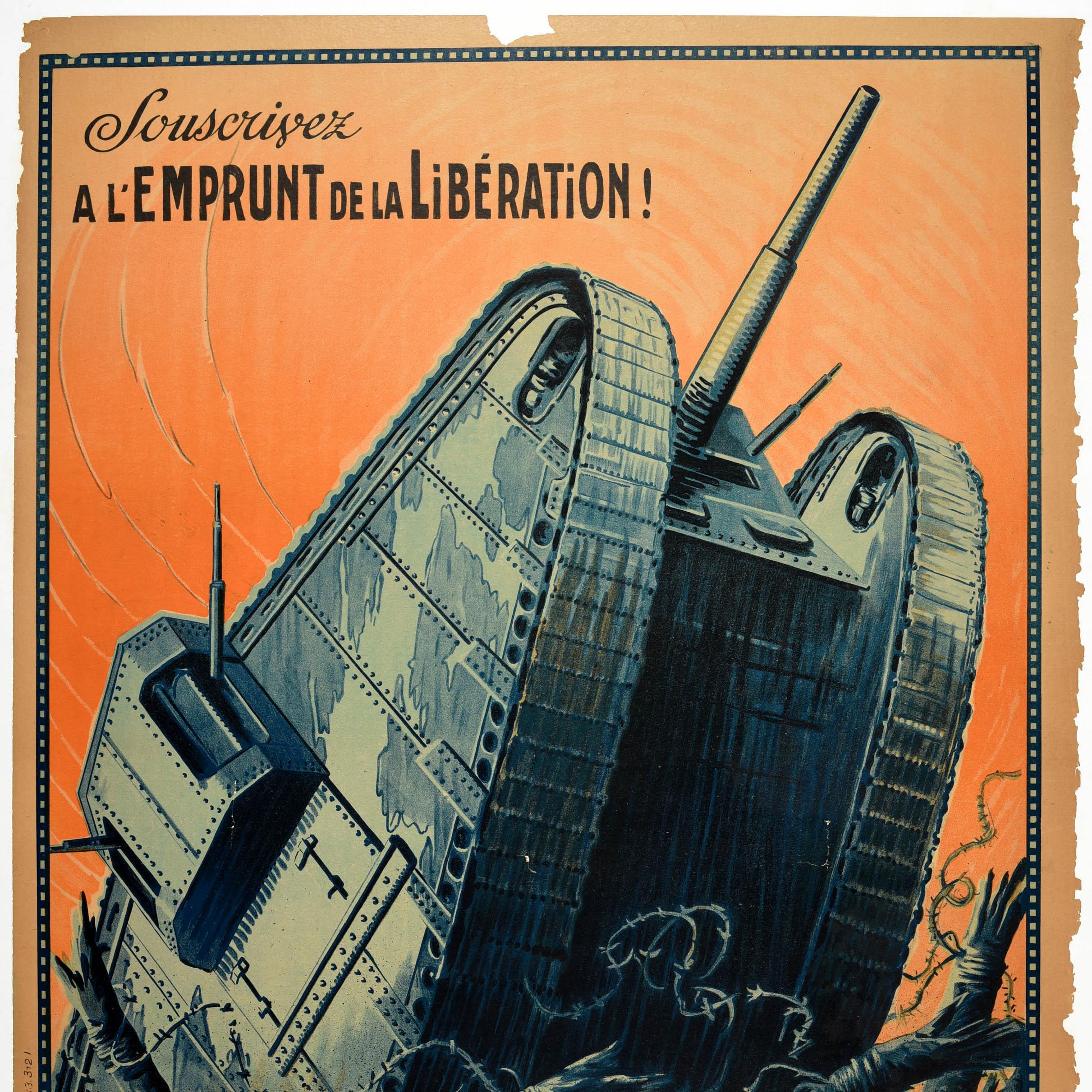 Original antikes Plakat aus dem Ersten Weltkrieg - Abonnieren Sie die Befreiungsanleihe / Souscrivez A L'emprunt De La Libération! Lloyds Bank (France) & National Provincial Bank (France) Limited 3 Place de l'Opera Paris - mit einem dynamischen