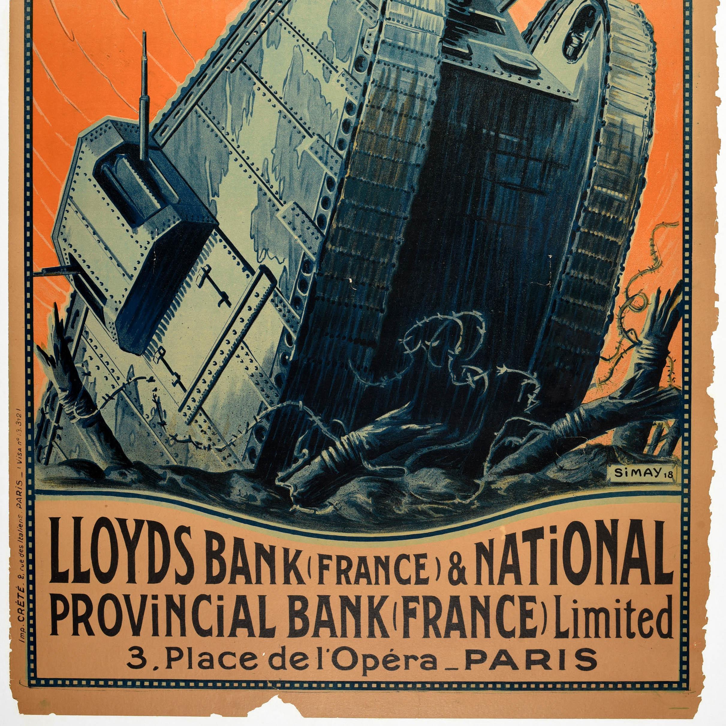 Original Antikes Kriegsplakat Lloyds Bank Frankreich Liberation Loan WWI Tank Emprunt, WWI, Original 1