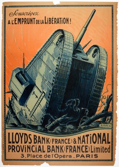 Affiche de guerre d'origine de Lloyds Bank France, prêt de libération des chars de la Première Guerre mondiale