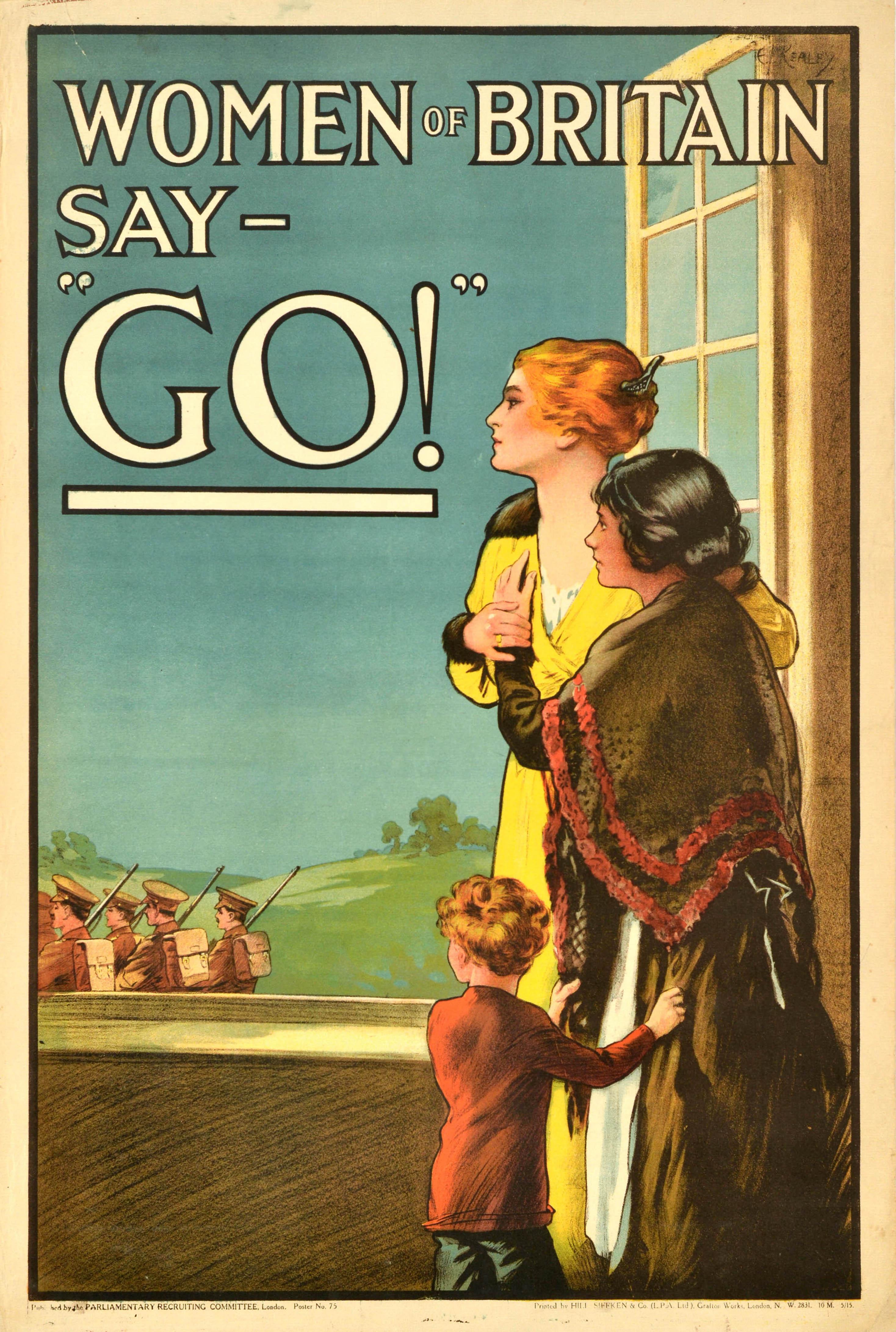 Unknown Print - Original Antique War Propaganda Poster Women Of Britain Say Go WWI Recruiting