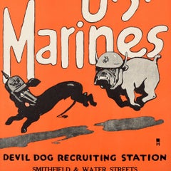 Original Antique War Recruitment Poster Teufel Hunden US Marines WWI Devil Dog