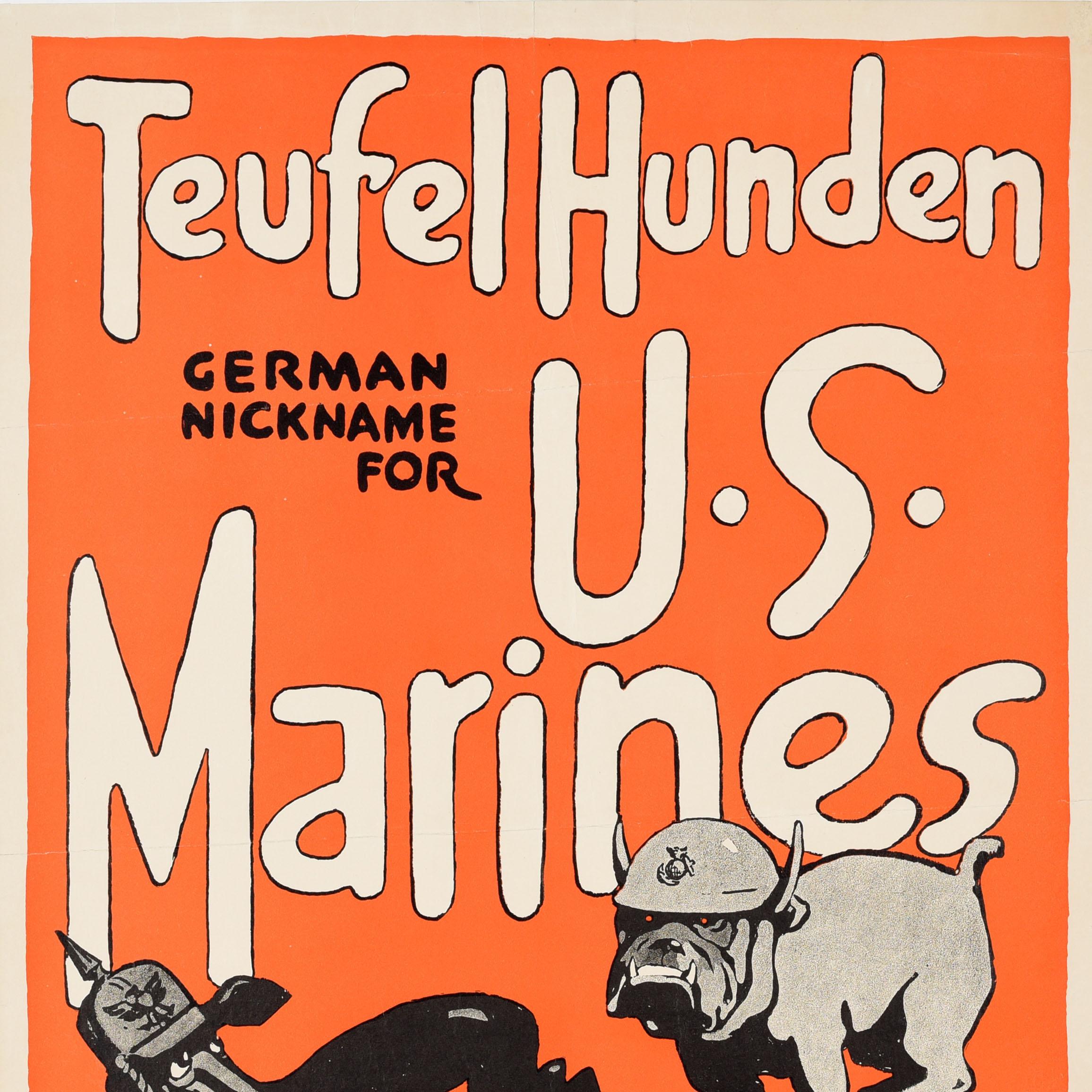 Original antikes Rekrutierungsplakat für das US Marine Corps (gegründet 1775) - Teufel Hunden Deutscher Spitzname für U.S. Marines Devil Dog Recruiting Station - mit Kunstwerk von Charles Buckles Falls (1874-1960), das eine Bulldogge mit einem