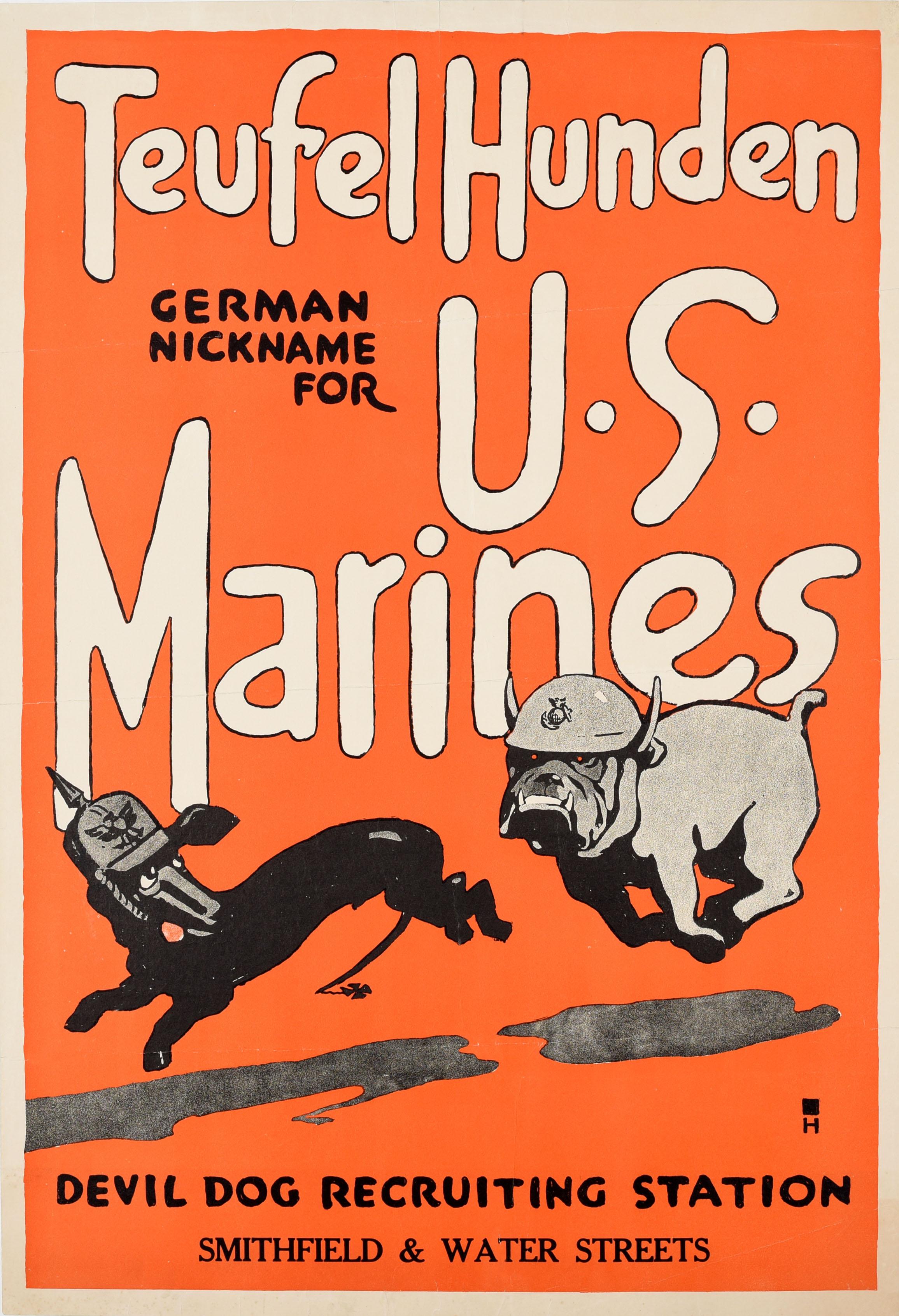 Unknown Print - Original Antique War Recruitment Poster Teufel Hunden US Marines WWI Devil Dog