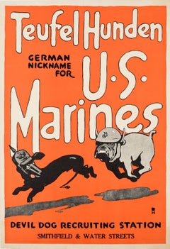 Poster di reclutamento di guerra originale Teufel Hunden US Marines WWI Devil Dog