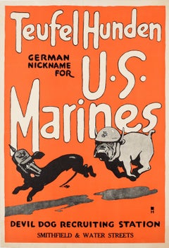 Original Antique Poster de Recrutement de Guerre Teufel Hunden US Marines WWI Devil Dog