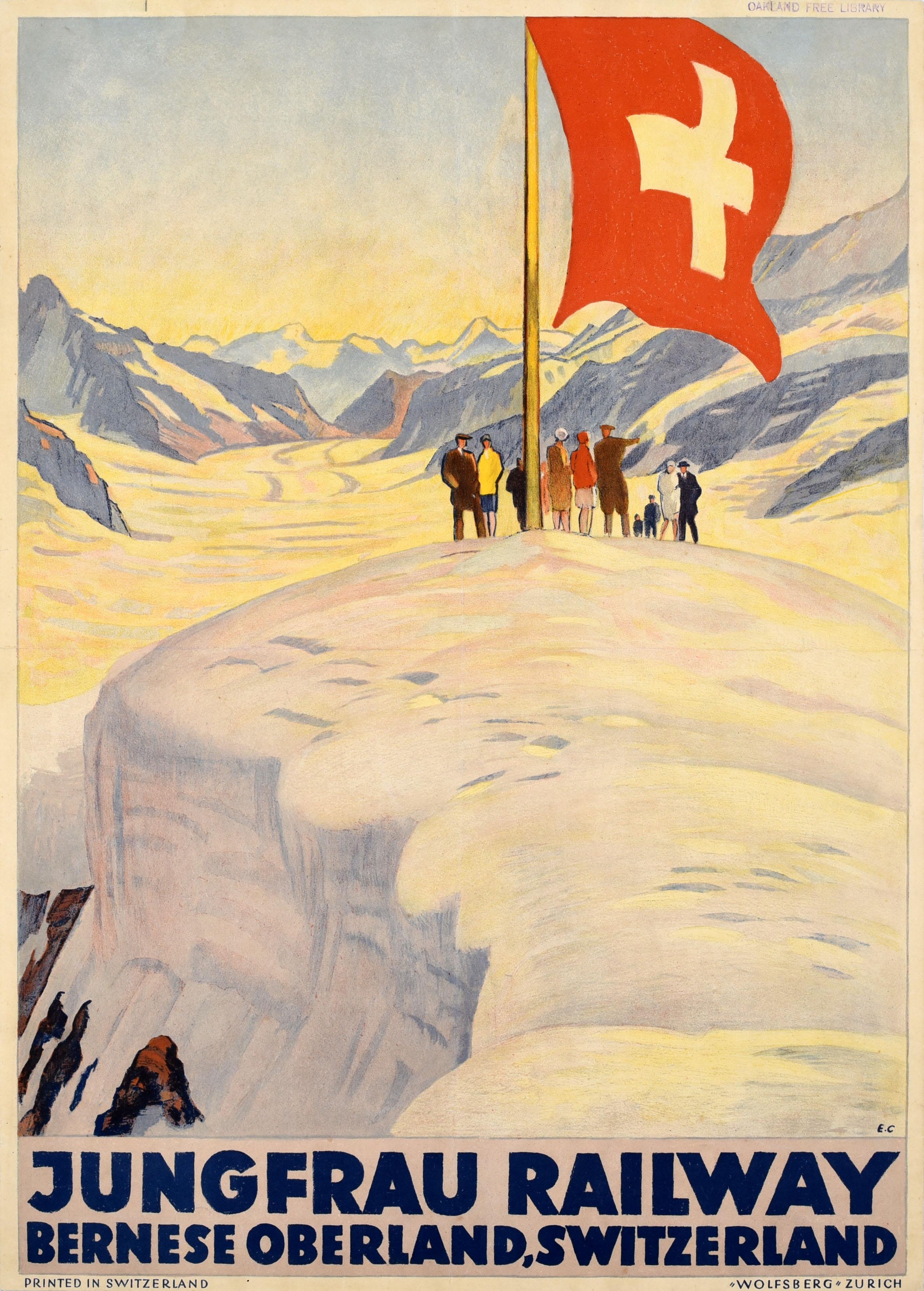 Unknown Print – Original Antikes Reiseplakat, Wintersport, Reiseplakat, Jungfrau, Eisenbahn, Berner Oberland, Berner Oberland