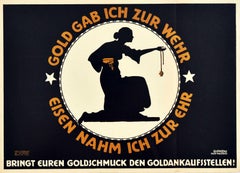  Affiche originale ancienne de la première guerre mondiale Or pour la défense Fer pour l'honneur WWI