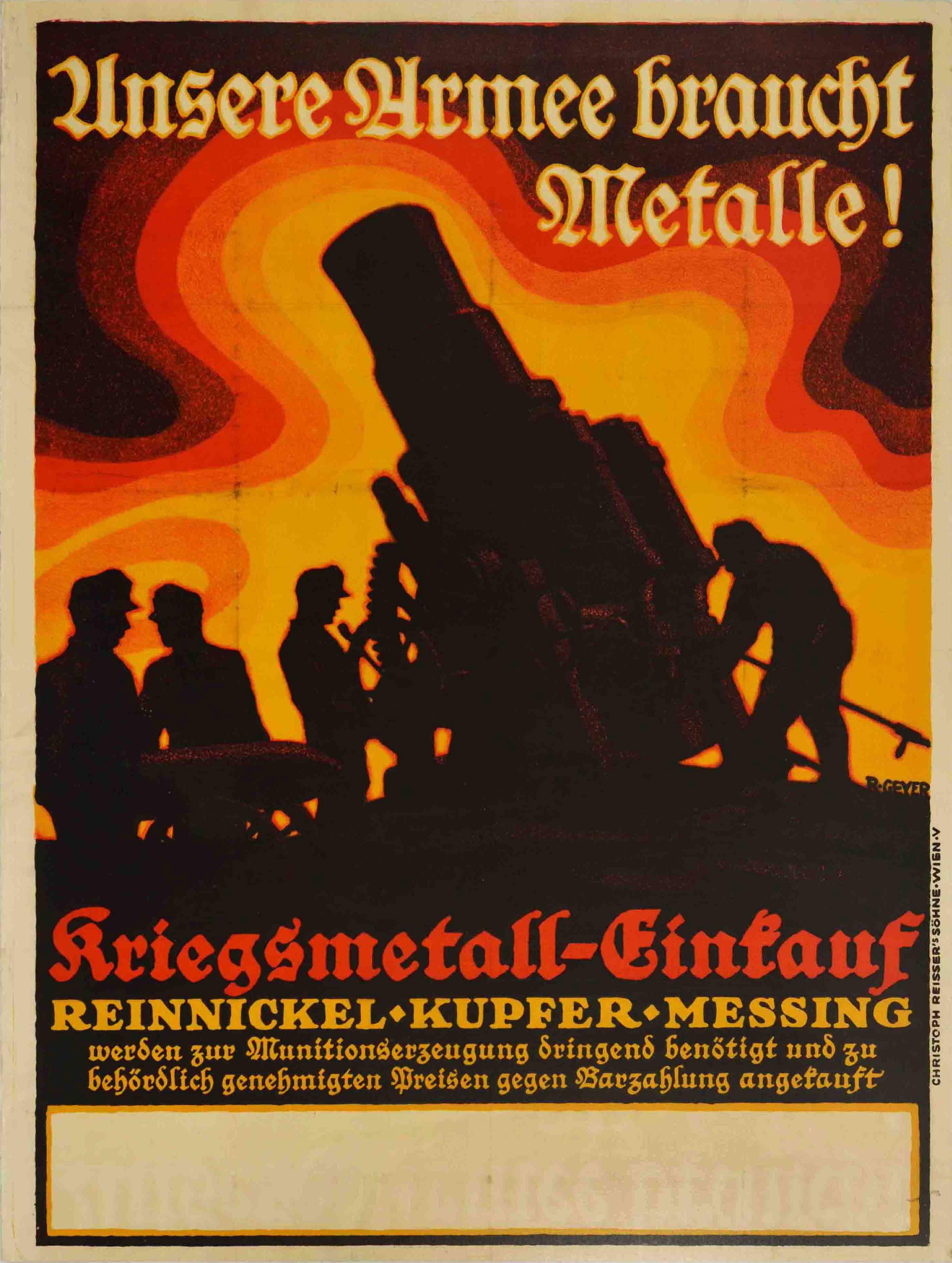 Unknown Print – Original Antikes Original-Poster aus dem Ersten Weltkrieg, „ Our Army Needs Metals“, WWI-Recycling-Design