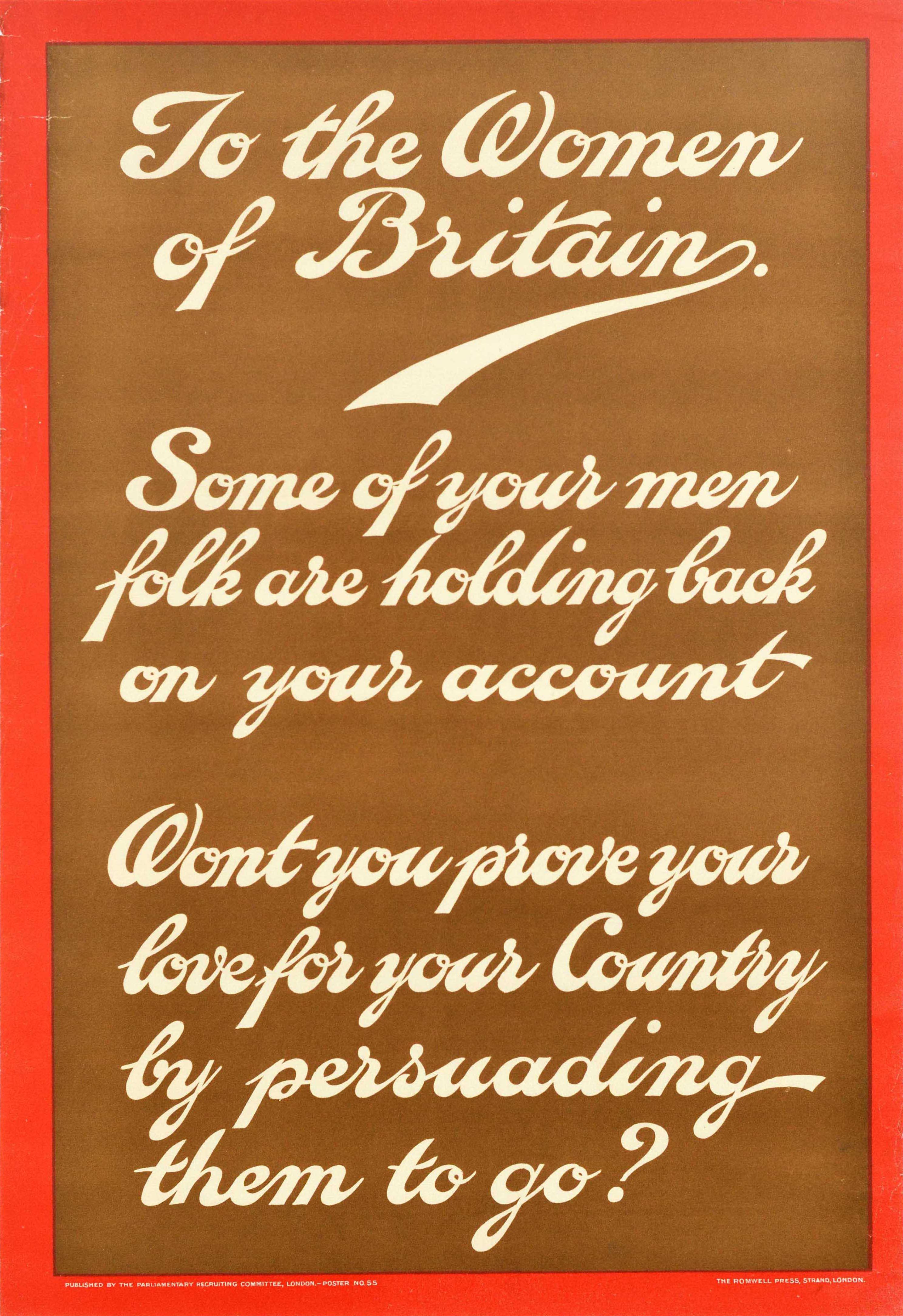 Unknown Print - Original Antique World War One Recruitment Poster To The Women Of Britain WWI