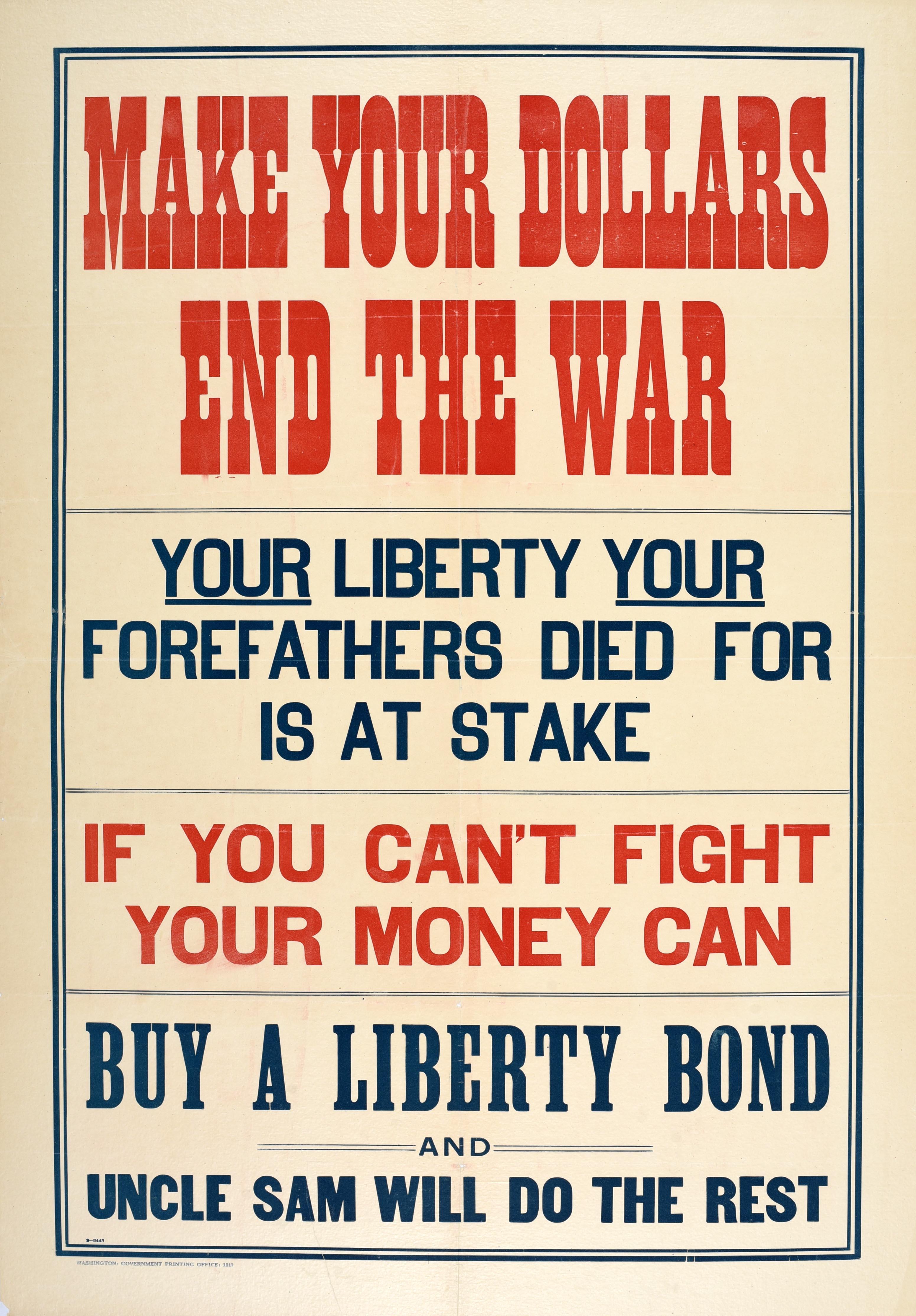 Unknown Print – Original Antikes WWI Home Front War Loan-Poster, „Mak Your Dollars End The War“, WWI