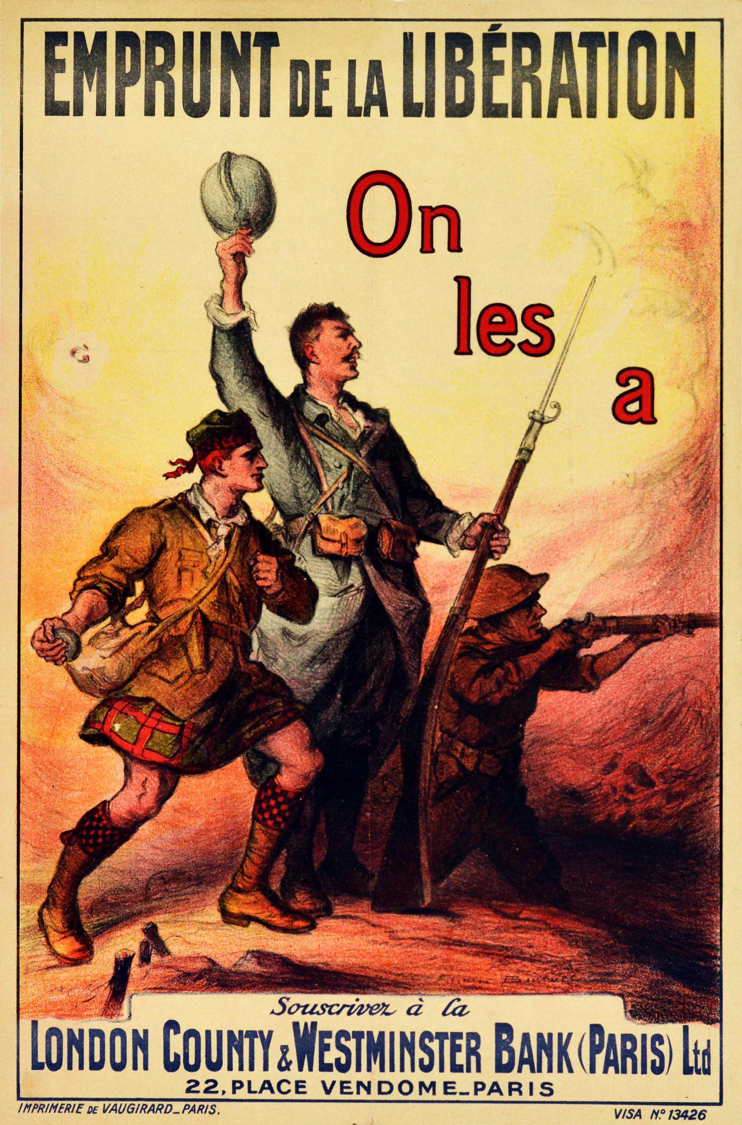 Unknown Print – Original Antikes Original-Poster aus dem Ersten Weltkrieg, Emprunt De La Liberation Liberty Loan, Militärische Kunst