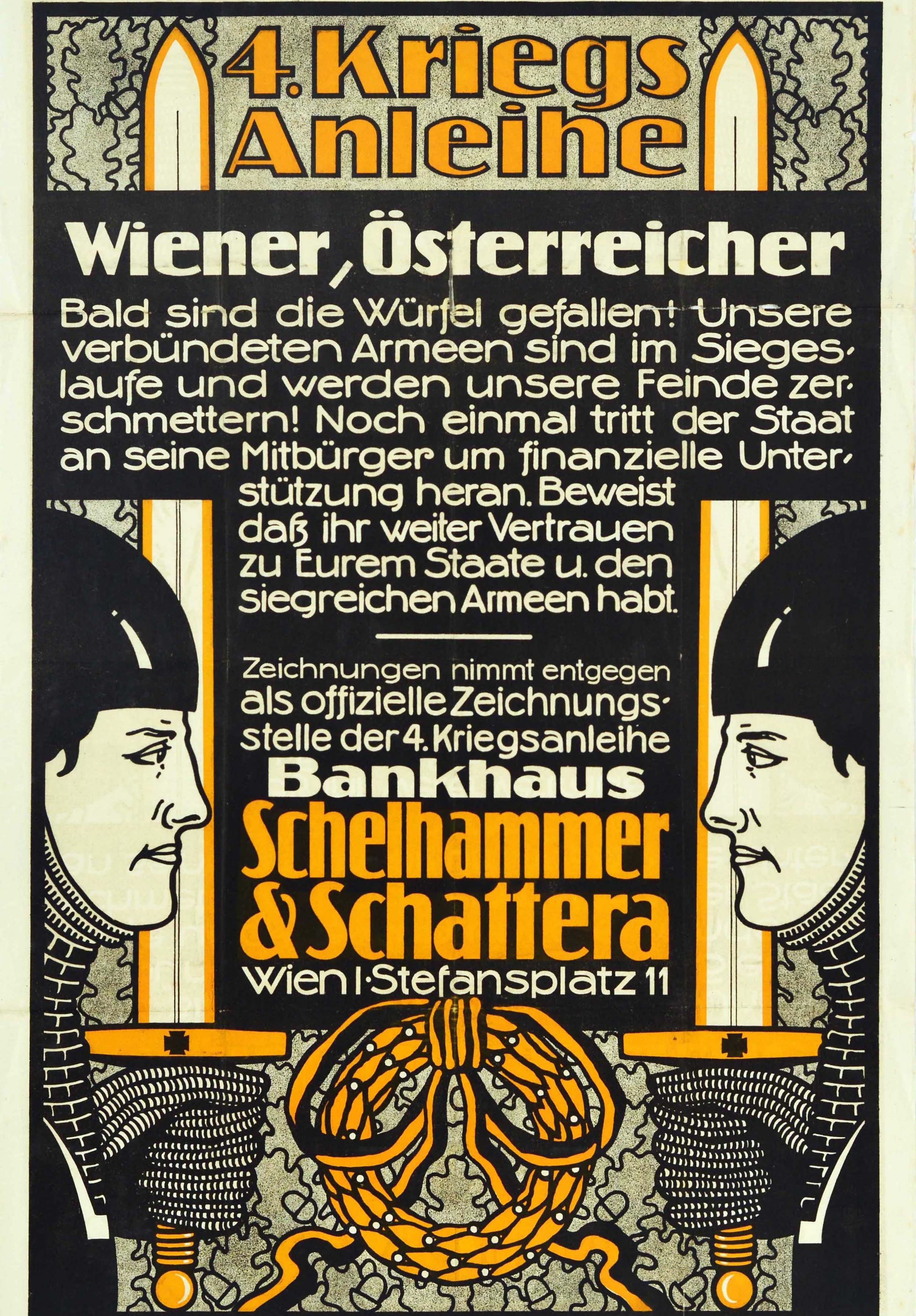 Originales antikes Plakat für die 4. Kriegsanleihe aus Wien Österreich mit einer großartigen Illustration von zwei Soldaten in Rüstungen, die sich gegenüberstehen und Schwerter halten, mit stilisierten Schriftzügen in Orange und Weiß auf Schwarz