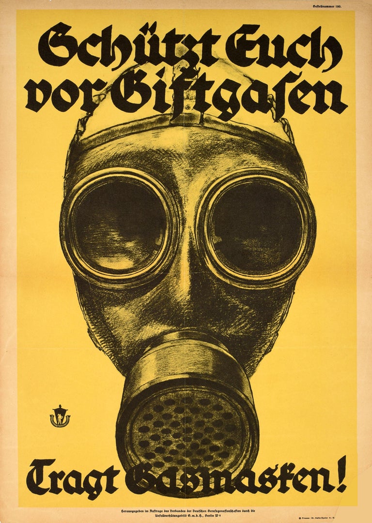 Unknown Original Antique WWI Poster Wear Gas Mask Poison Gases