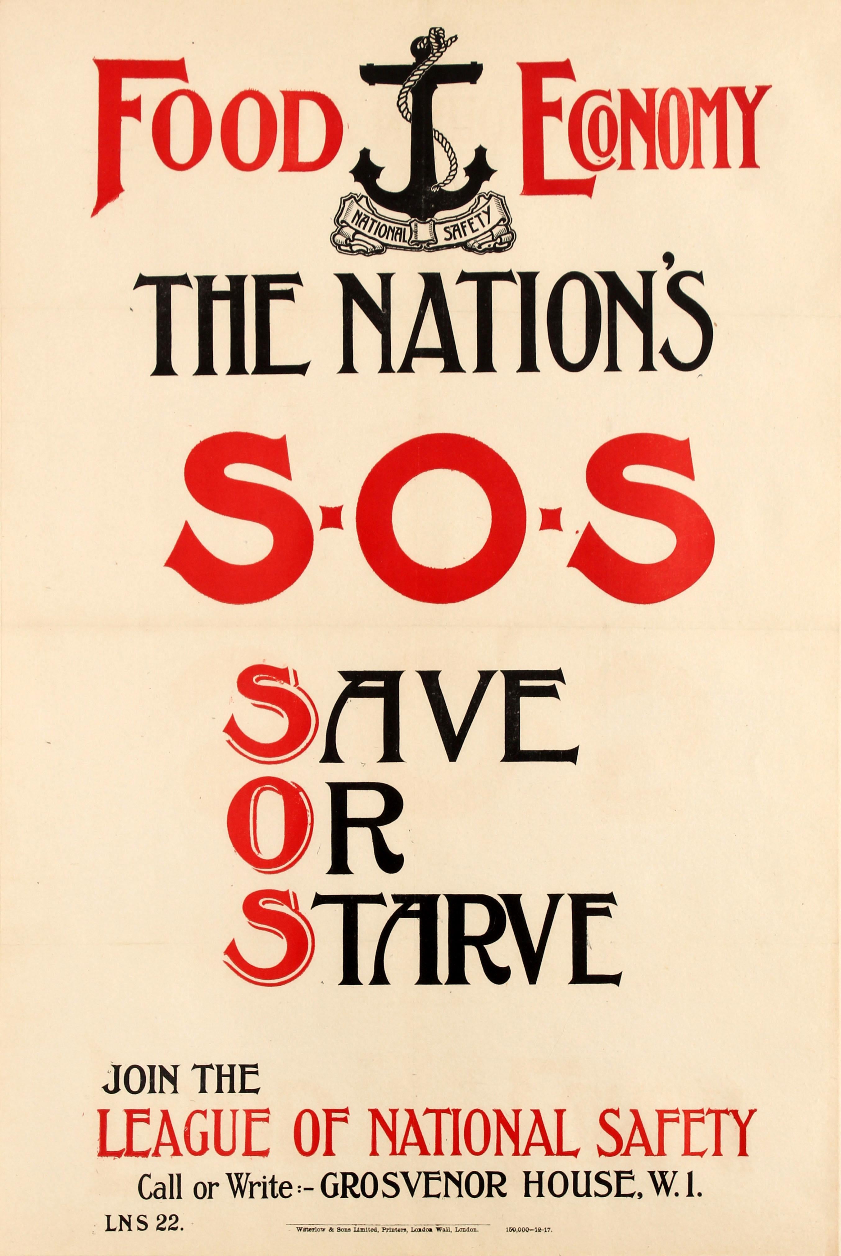 Unknown Print - Original Antique WWI Propaganda Poster Save Or Starve SOS Food Economy Safety