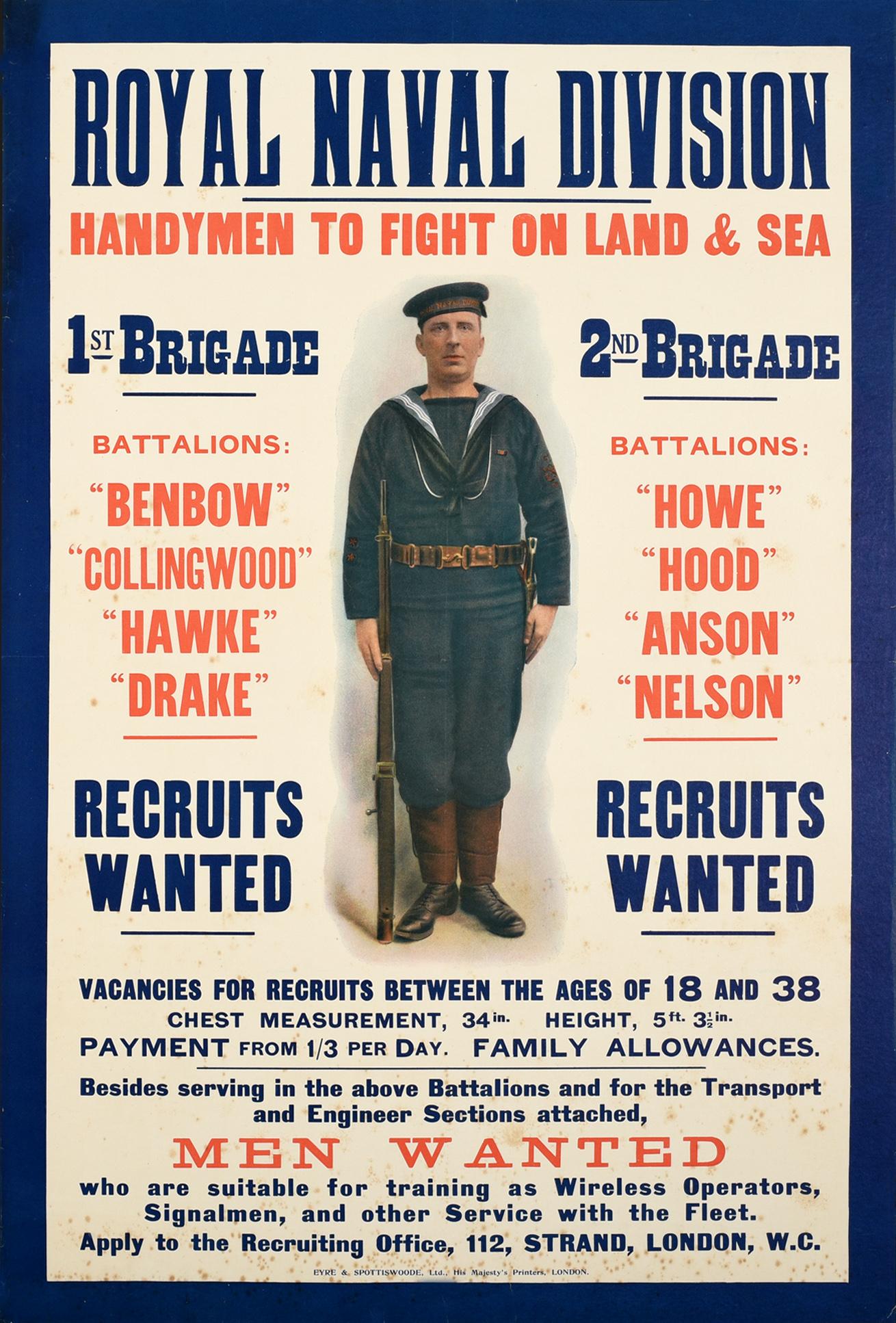 Unknown Print - Original Antique WWI Royal Navy Recruitment Poster Fight On Land And Sea Sailor